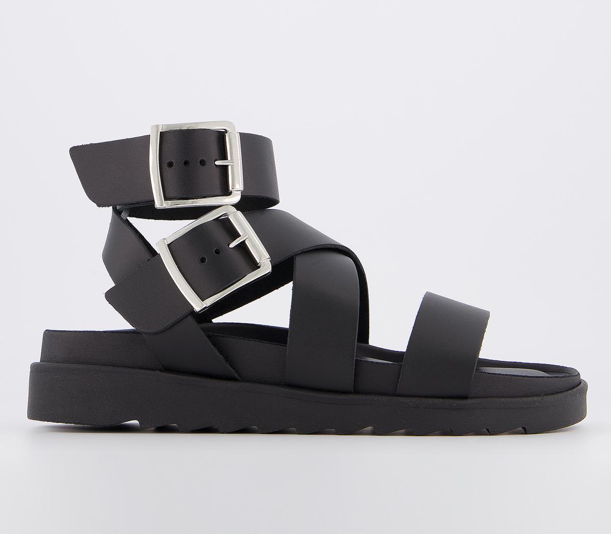  Office  Swordfish Buckle Sandals  Black Leather Sandals 