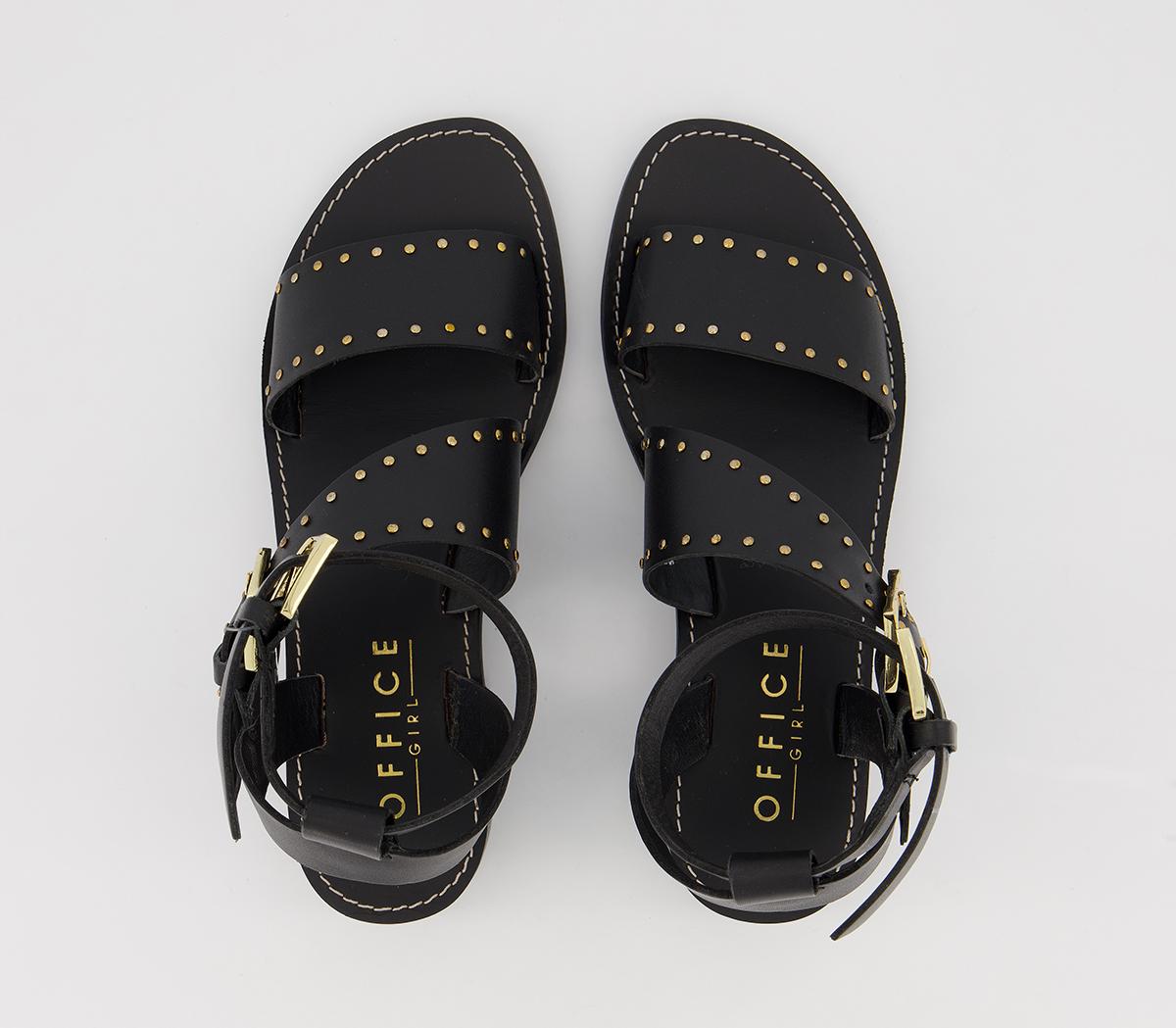 Office Sailing Buckle Sandals Black Leather With Gold Studs Women’s