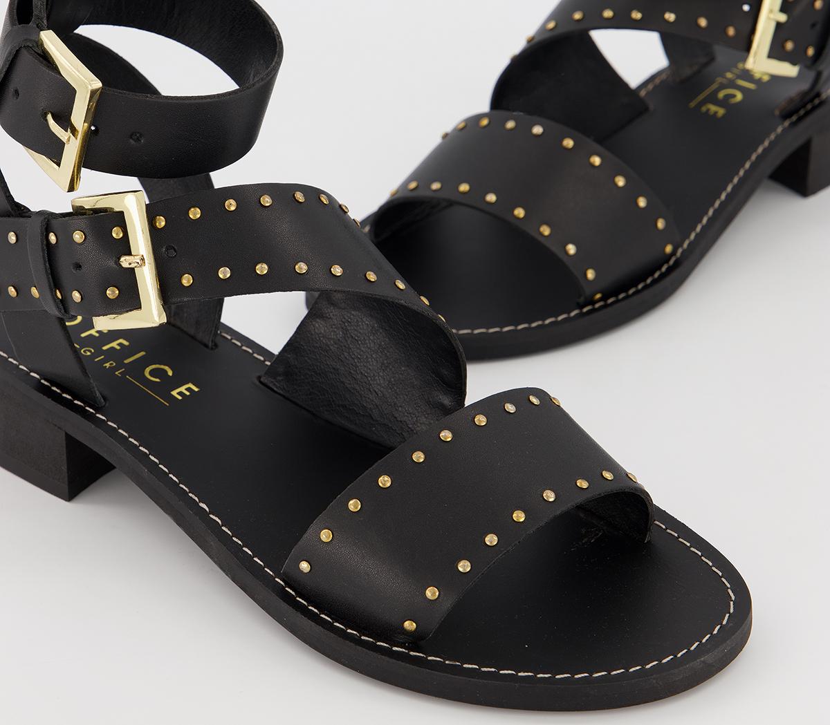 Office Sailing Buckle Sandals Black Leather With Gold Studs - Women’s ...