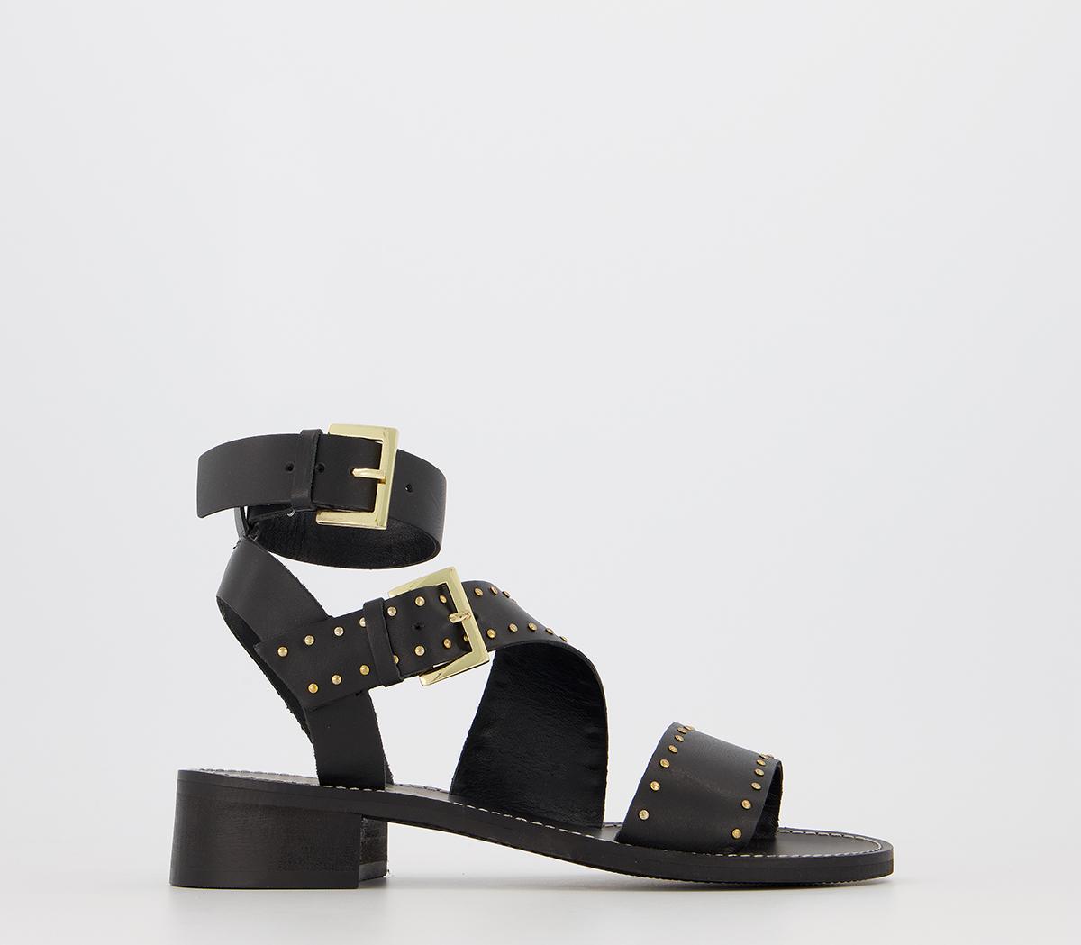 Office Sailing Buckle Sandals Black Leather With Gold Studs - Women’s ...