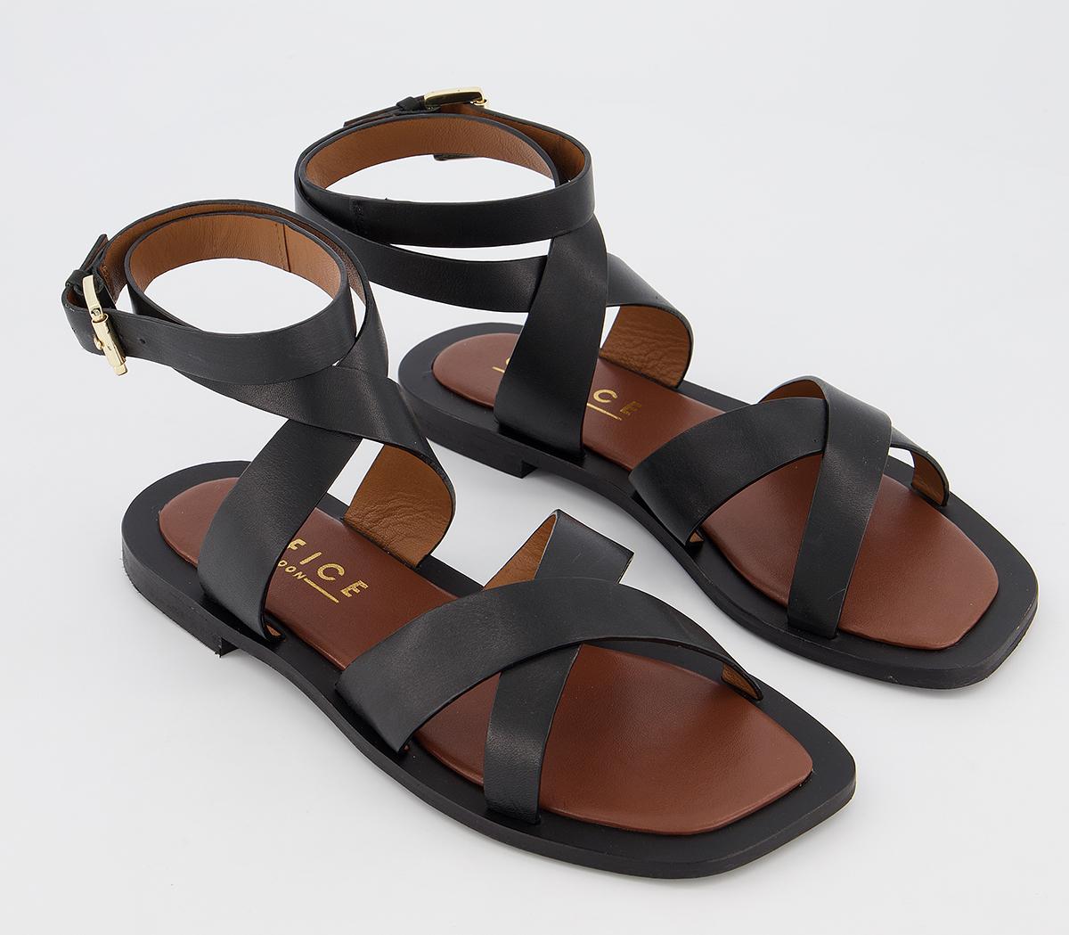 Office Siren Crossover Square Toe Sandals Black Leather - Women’s Sandals