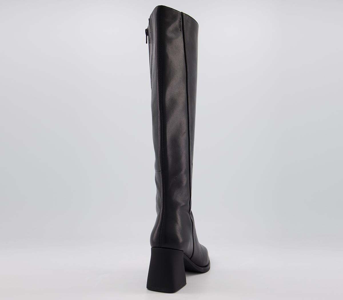 vagabond hedda leather flared heel knee boots in black