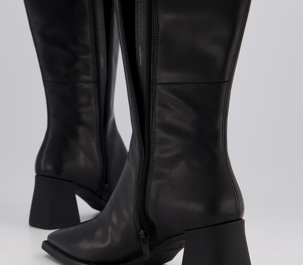 vagabond hedda leather flared heel knee boots in black