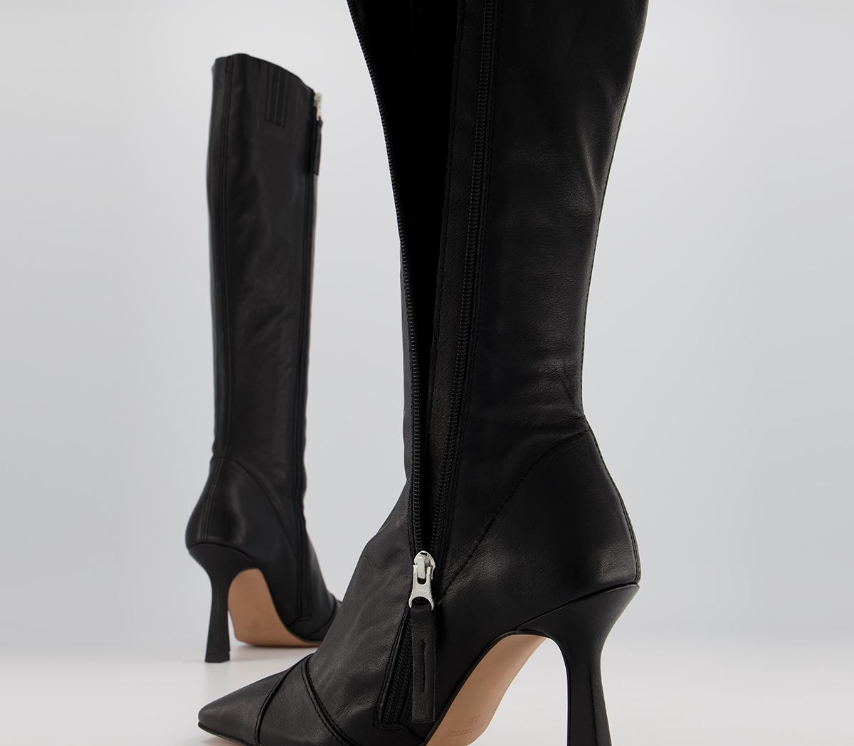square toe knee high leather boots black