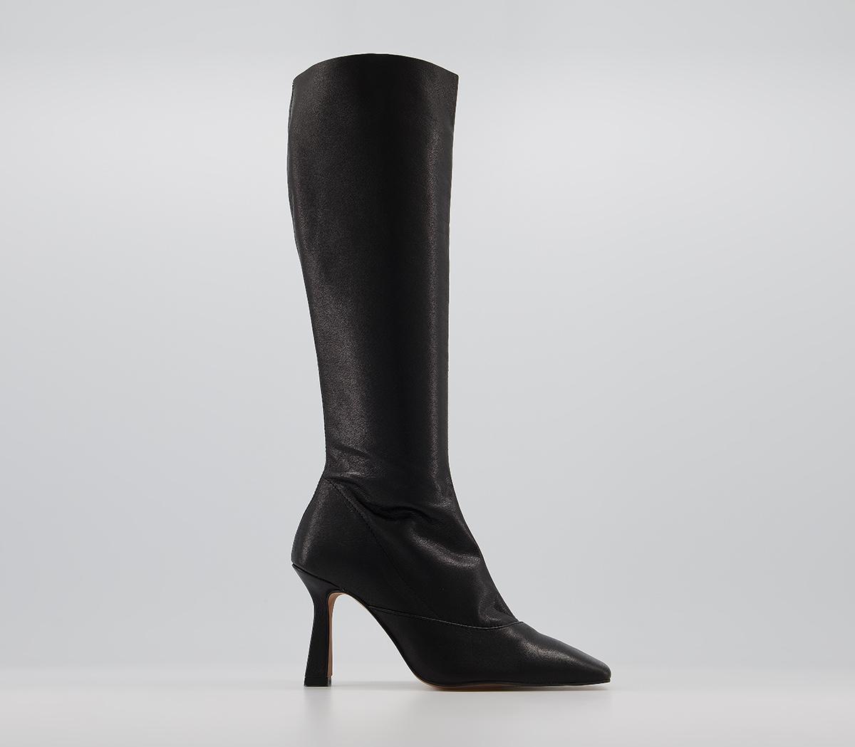 square toe knee high leather boots black