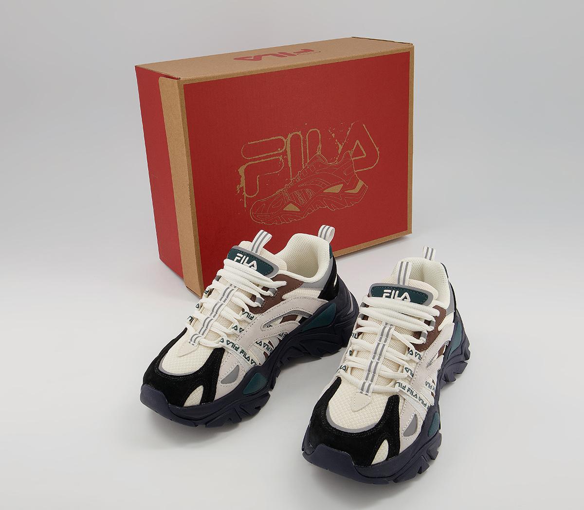 white and grey fila trainers