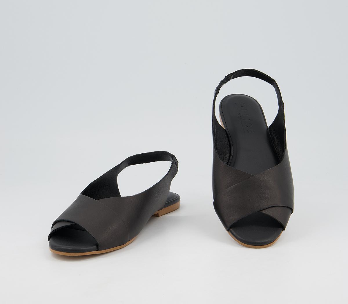 black leather peep toe flats