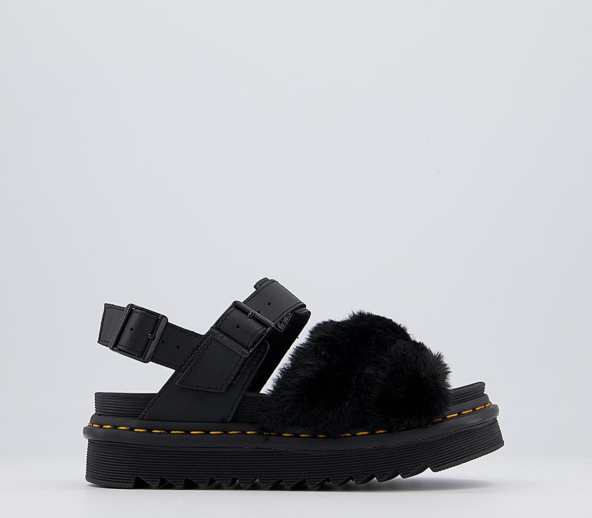 Dr. Martens Voss II Fluffy Sandals Black Milo Fur Black Hydro - Womenâs Sandals