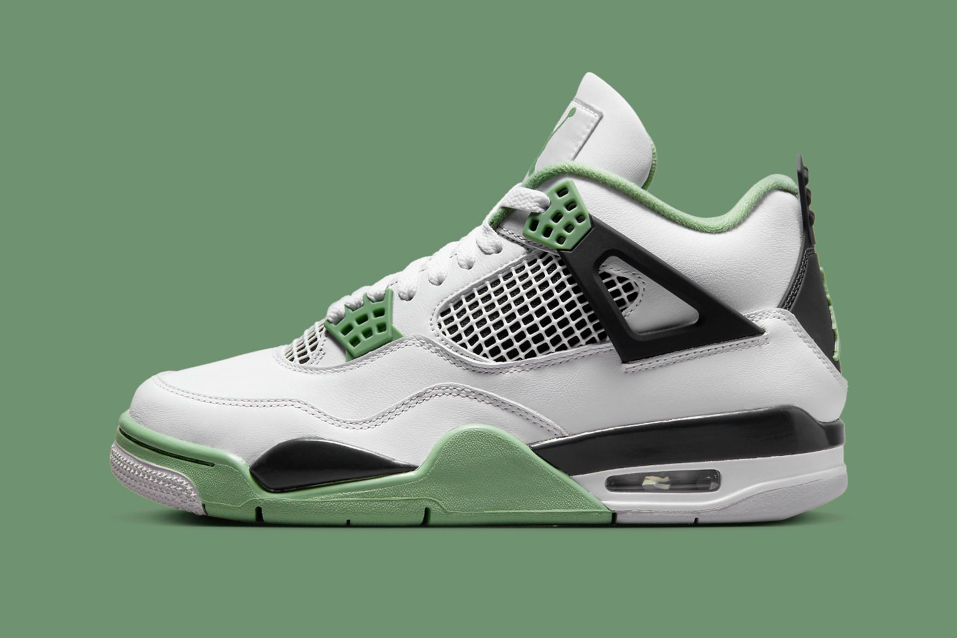 Color: White Nike Air Jordan 4 Pine Green Men's Sneakers Shoes, Material:  Leather