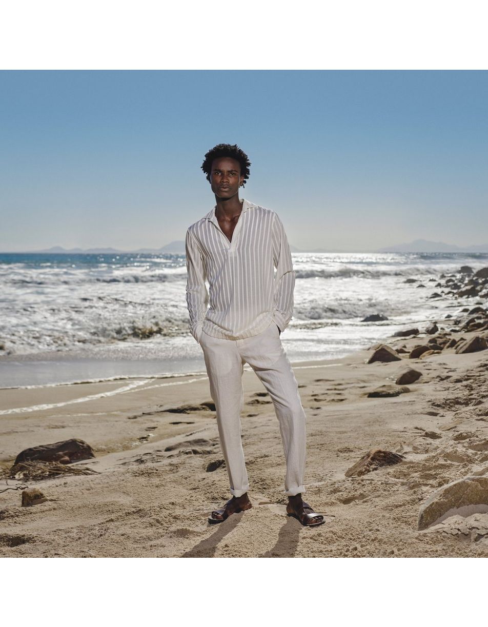 White Relaxed Fit Classic Collar Open Placket Chenille Stripe Shirt