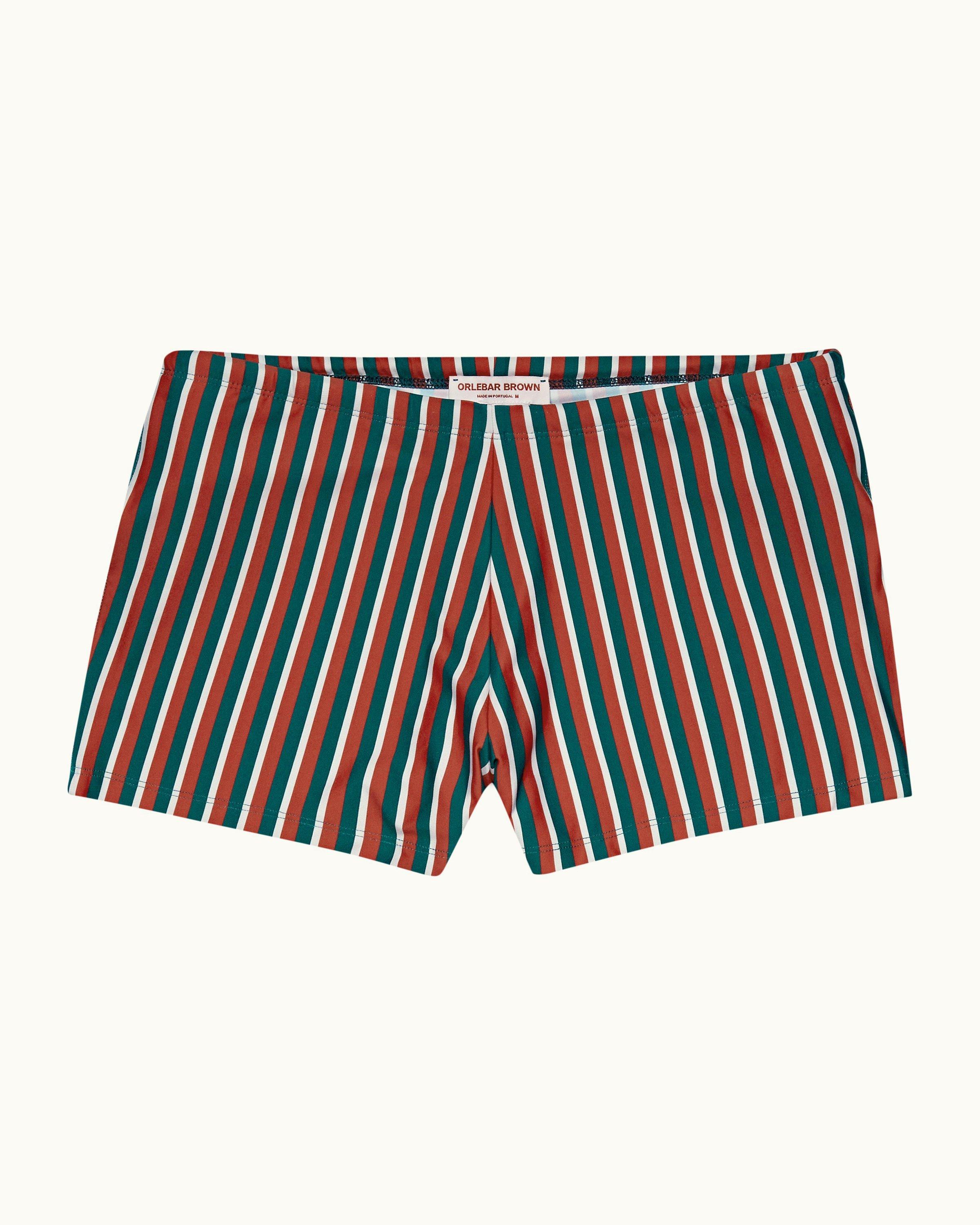 Red and white on sale striped swim trunks