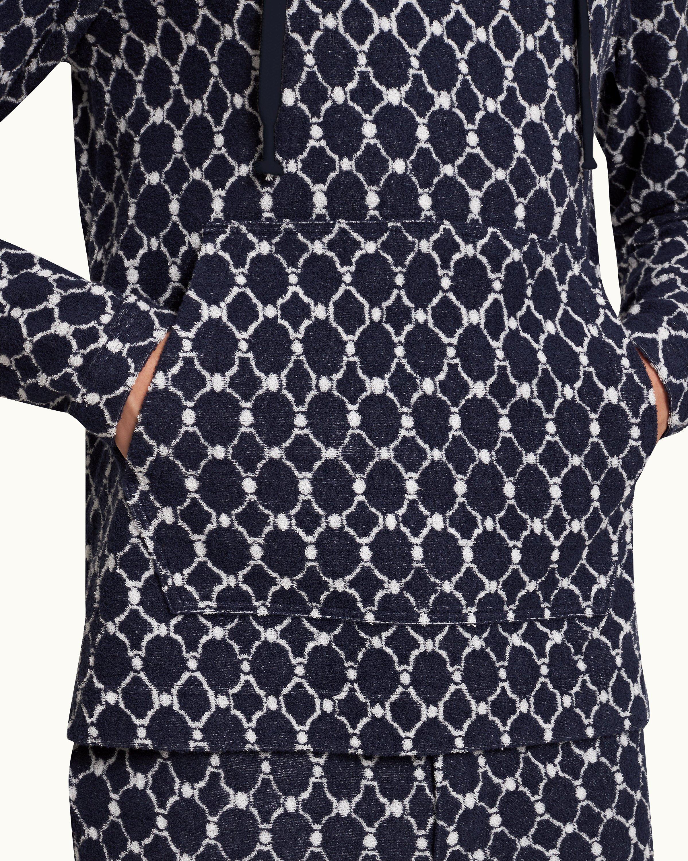 Orlebar Brown Midnight Navy Geometric Tile Hooded Towelling Sweatshirt