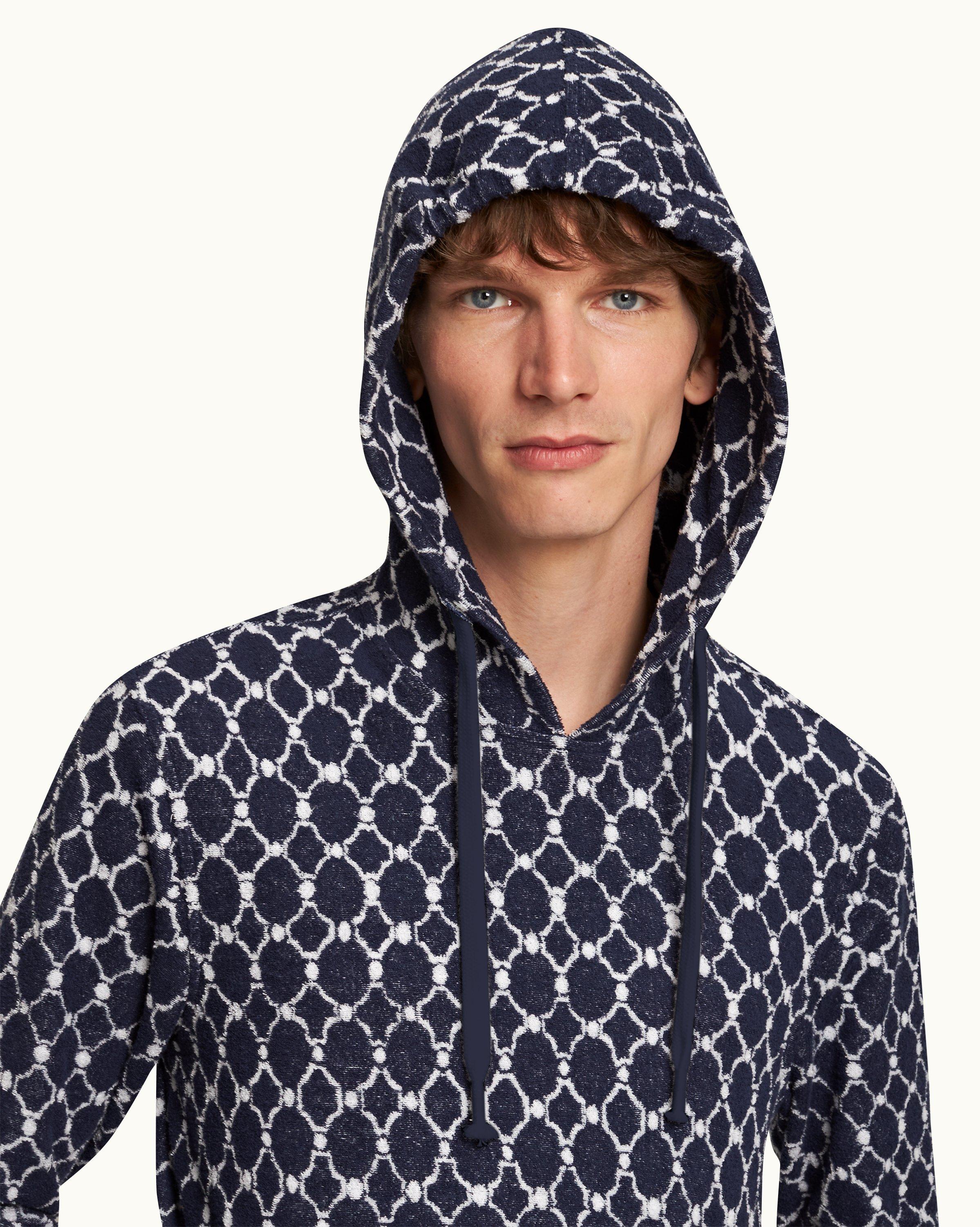 Orlebar Brown Midnight Navy Geometric Tile Hooded Towelling Sweatshirt