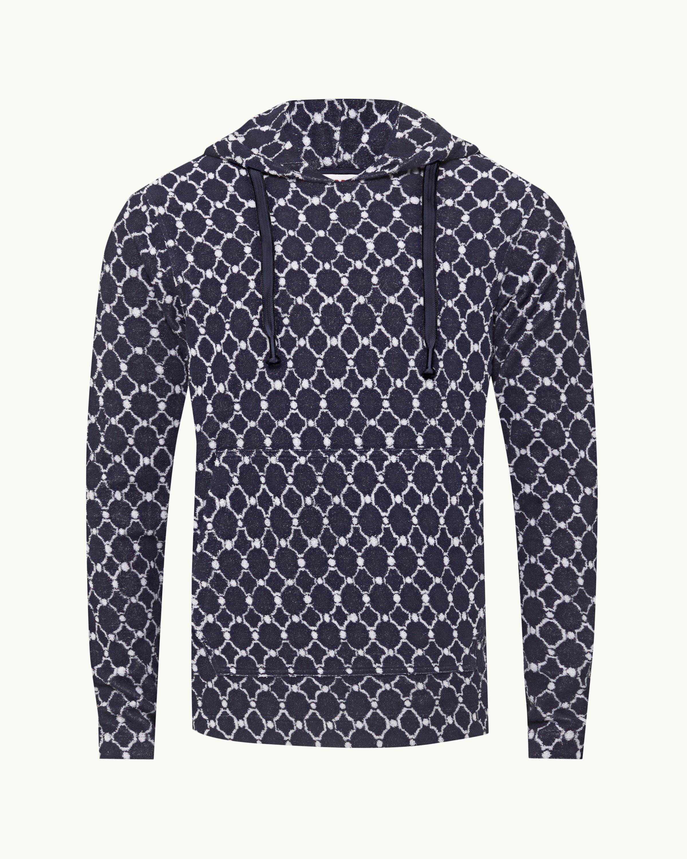 Orlebar Brown Midnight Navy Geometric Tile Hooded Towelling Sweatshirt