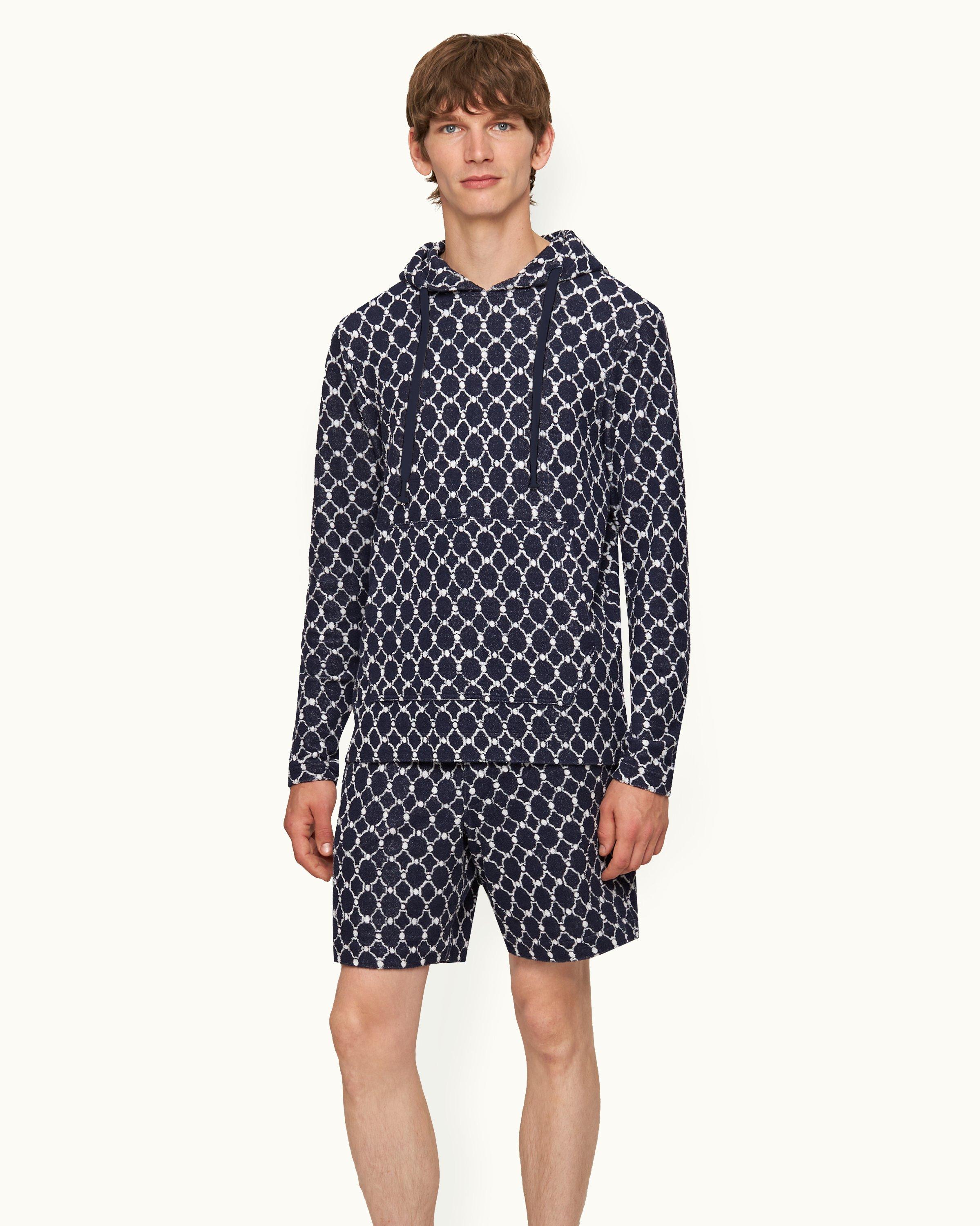 Orlebar Brown Midnight Navy Geometric Tile Hooded Towelling Sweatshirt