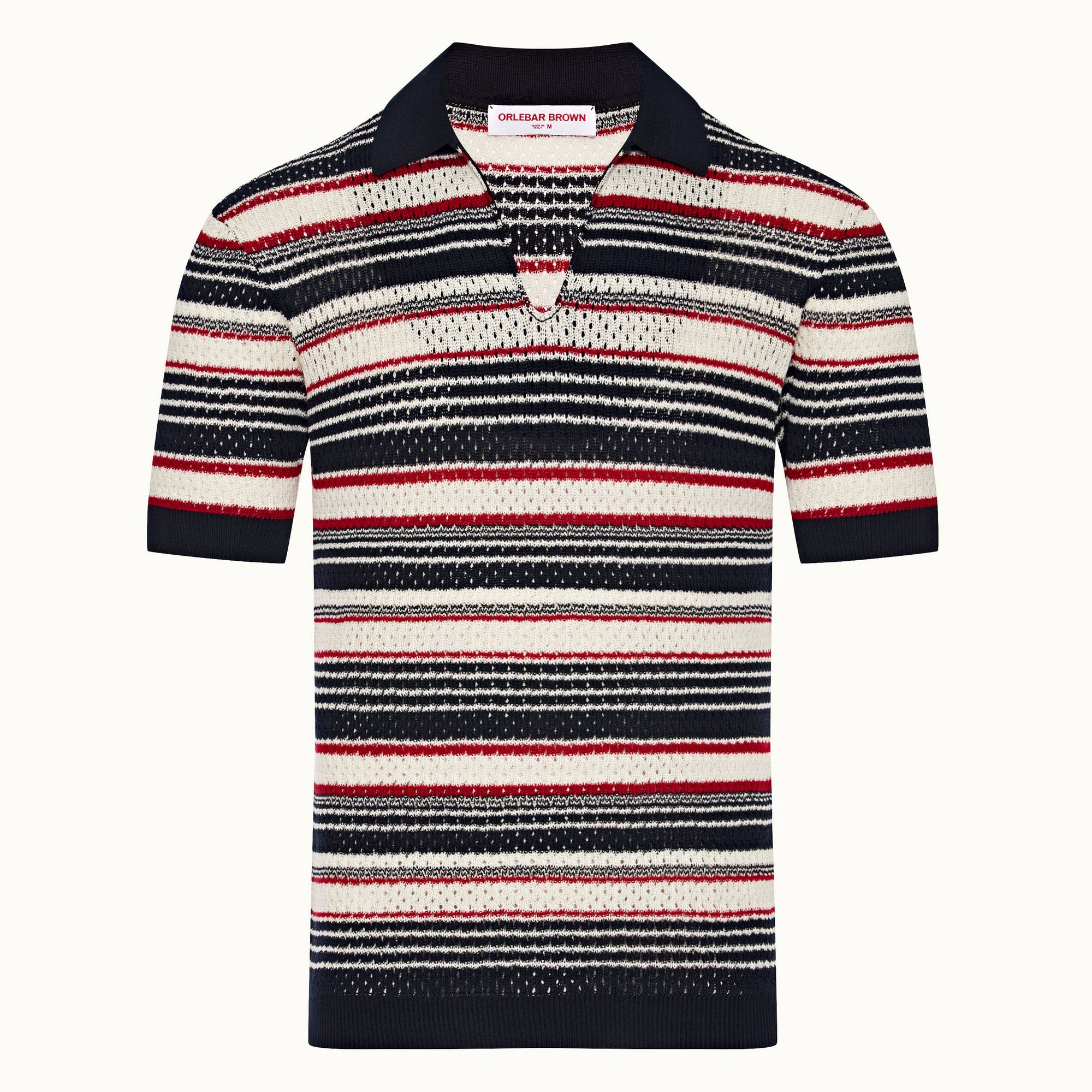 Bruno Stripe - Mens Matchstick/Night Iris Crochet Stripe Mercerised Organic Cotton Polo Shirt