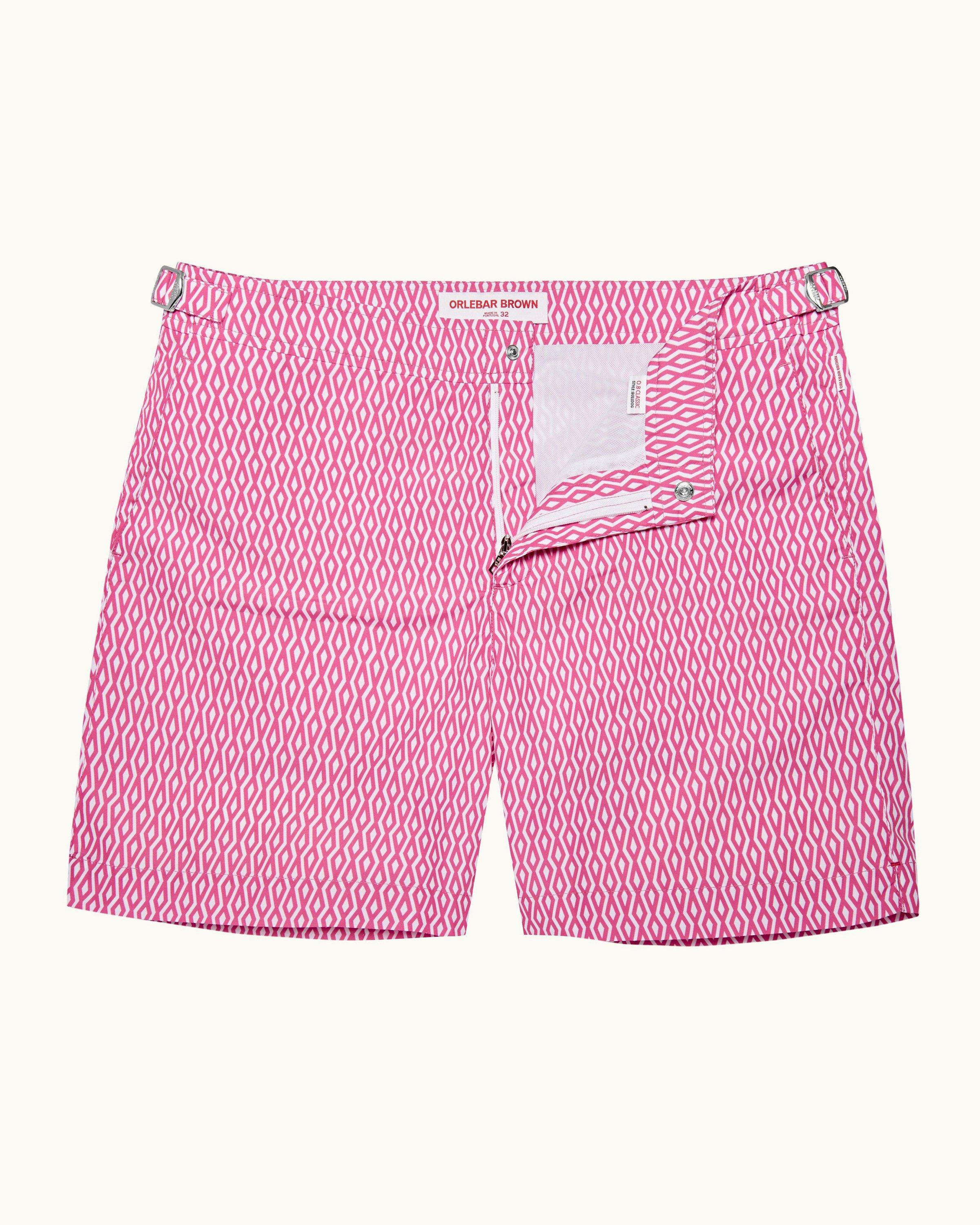 Mens Pink & White Mid-Length Swim Shorts