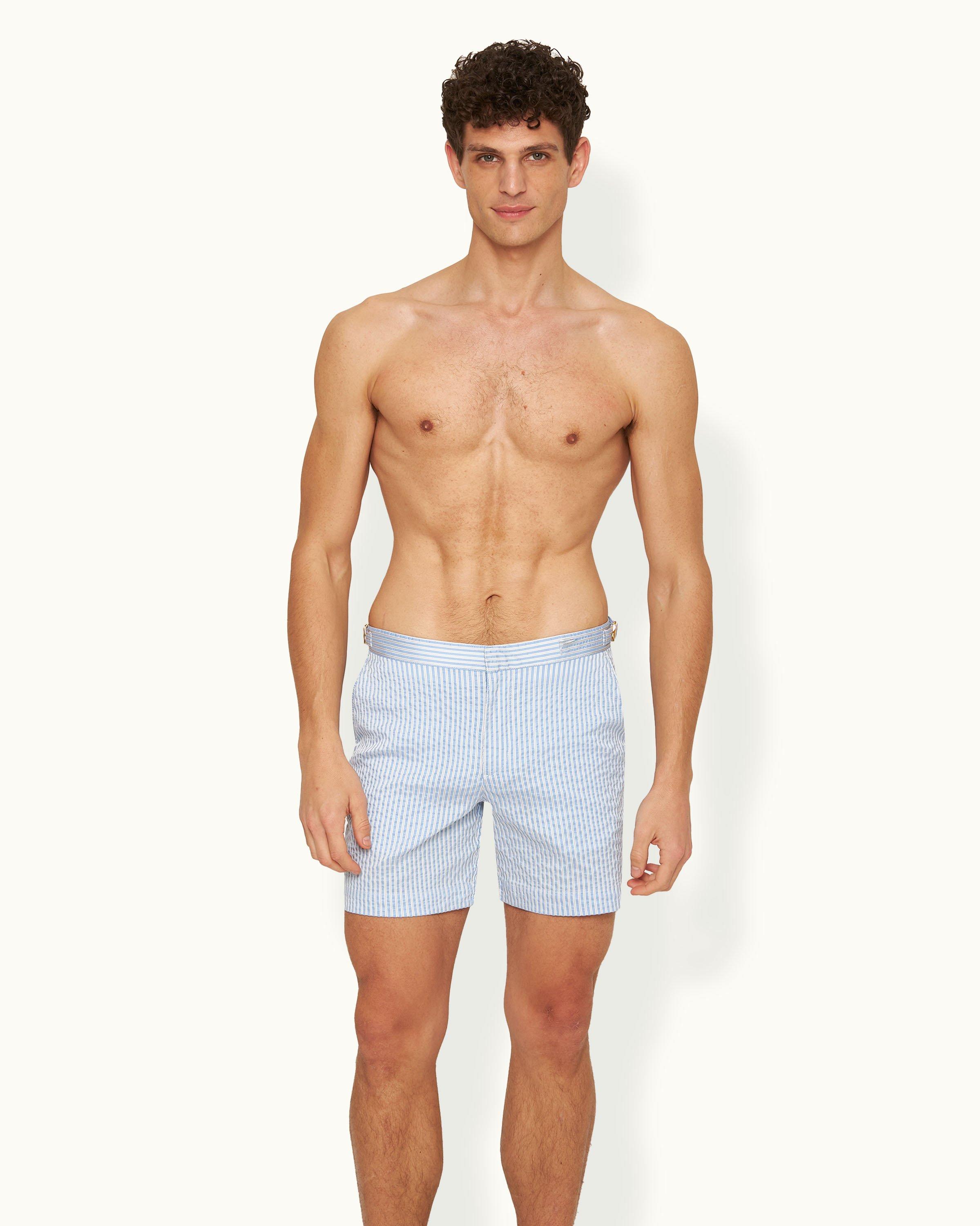 Orlebar Brown  White/Light Island Sky Mid-Length Textured Stripe Swim  Shorts