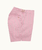Bulldog - Mens Mid-Length Textured Stripe Swim Shorts In White/Seashell Pink
