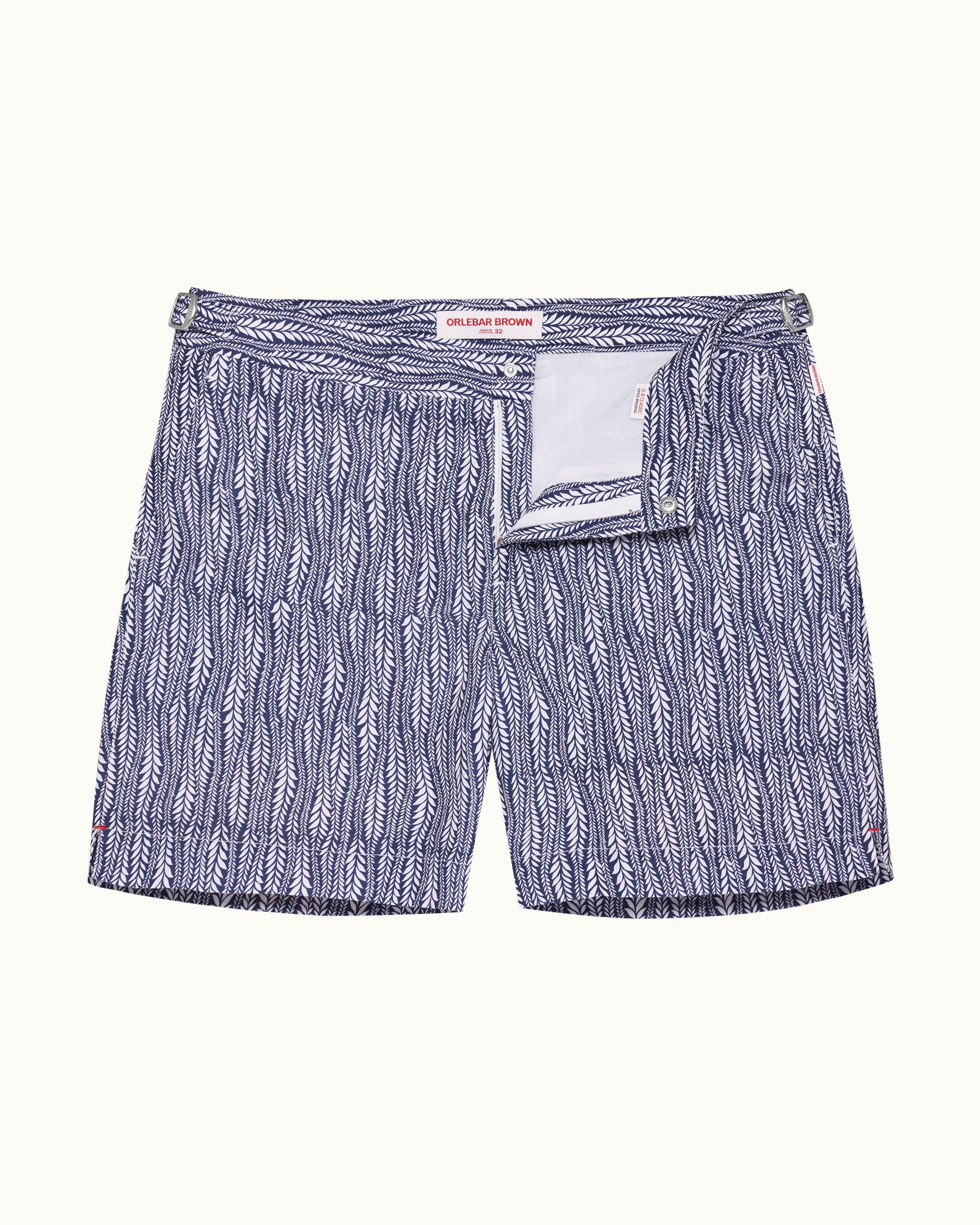 Lagoon Blue White Fern Mid Length Swim Shorts