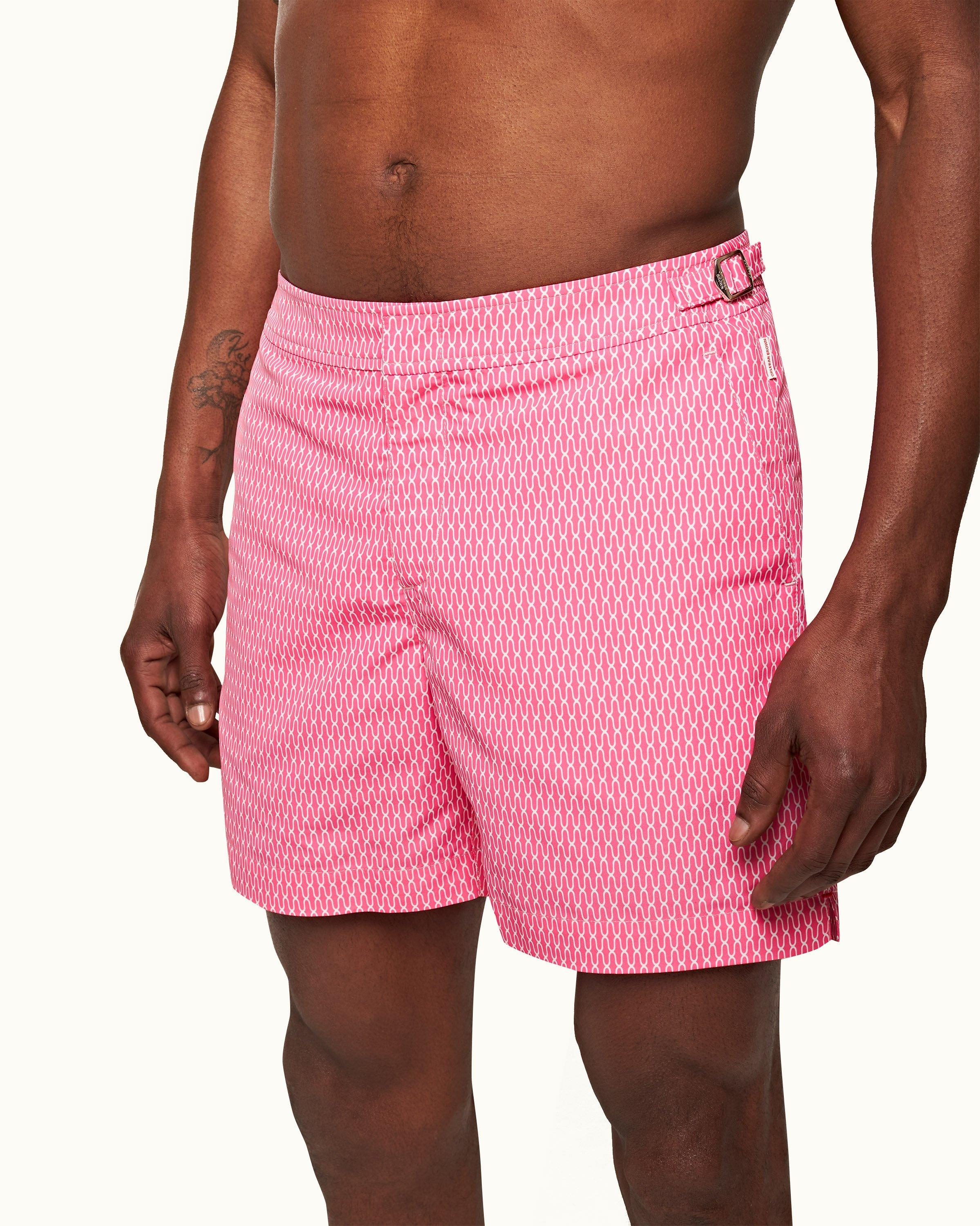 Mens Pink & White Mid-Length Swim Shorts