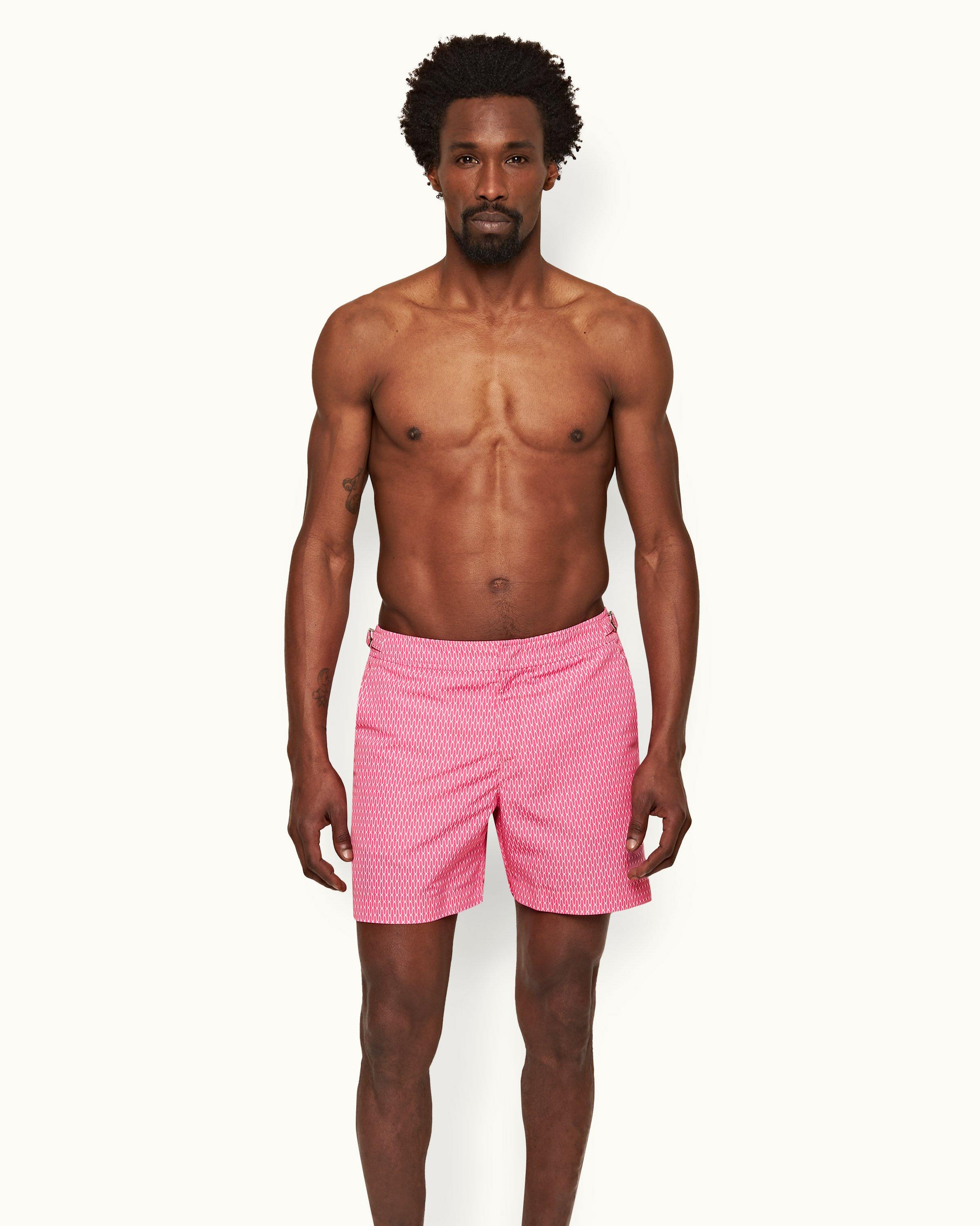 Mens Pink & White Mid-Length Swim Shorts