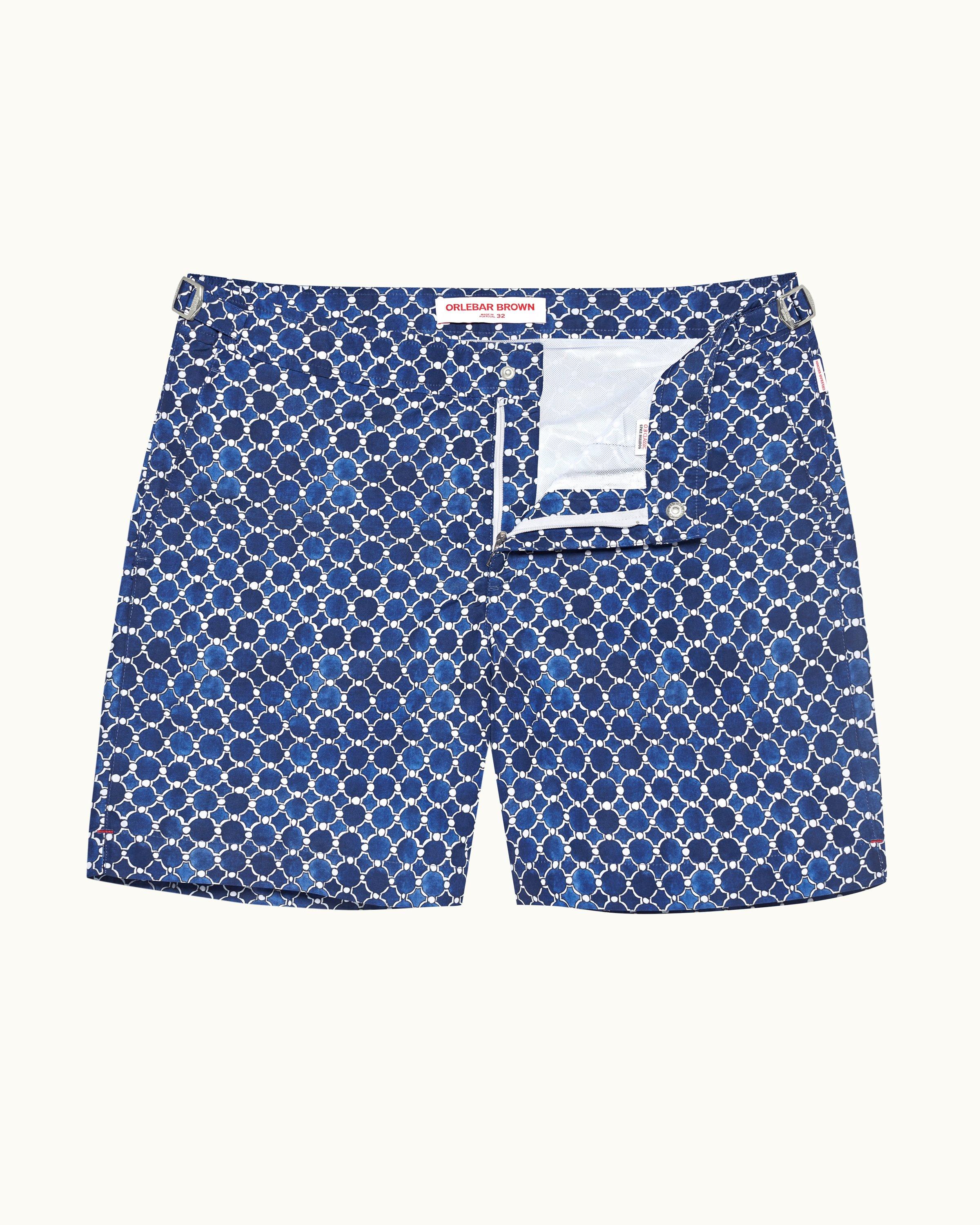 Men's long blue boxers geometric design, 100% made in France