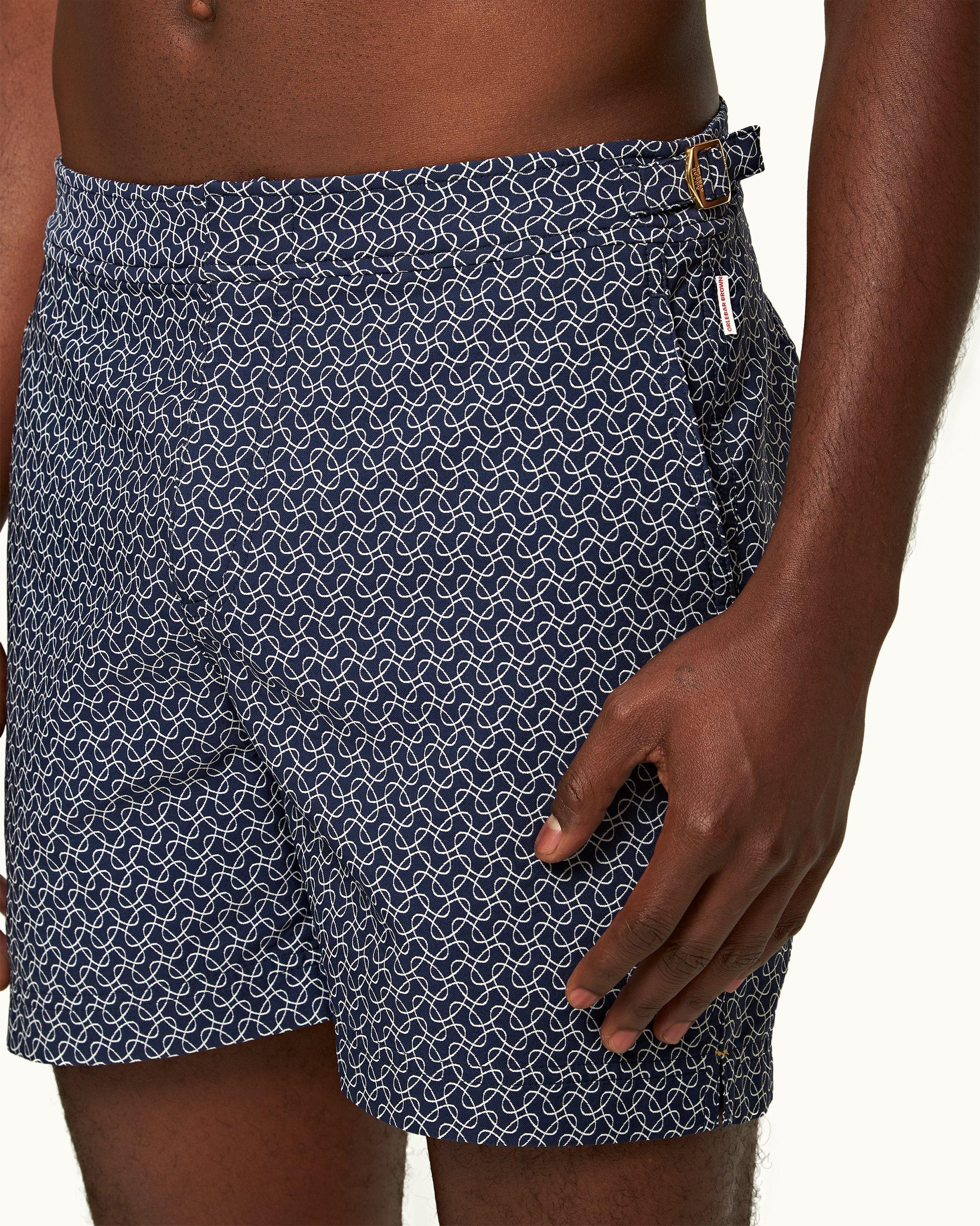 Orlebar Brown Bulldog - White Sand/Night Iris Geometric Orb Jacquard Mid-Length Swim Shorts