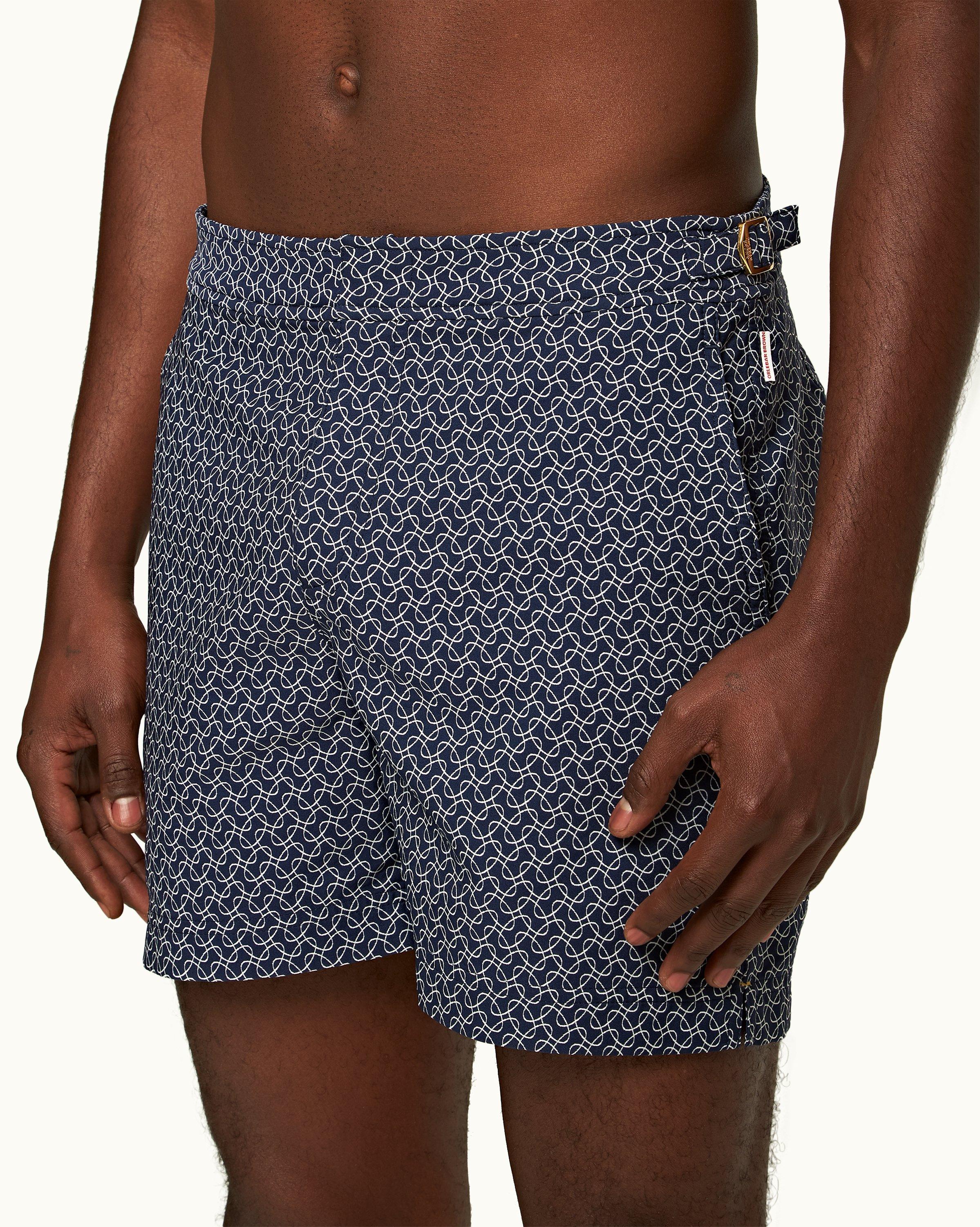 Orlebar Brown Bulldog - White Sand/Night Iris Geometric Orb Jacquard Mid-Length Swim Shorts