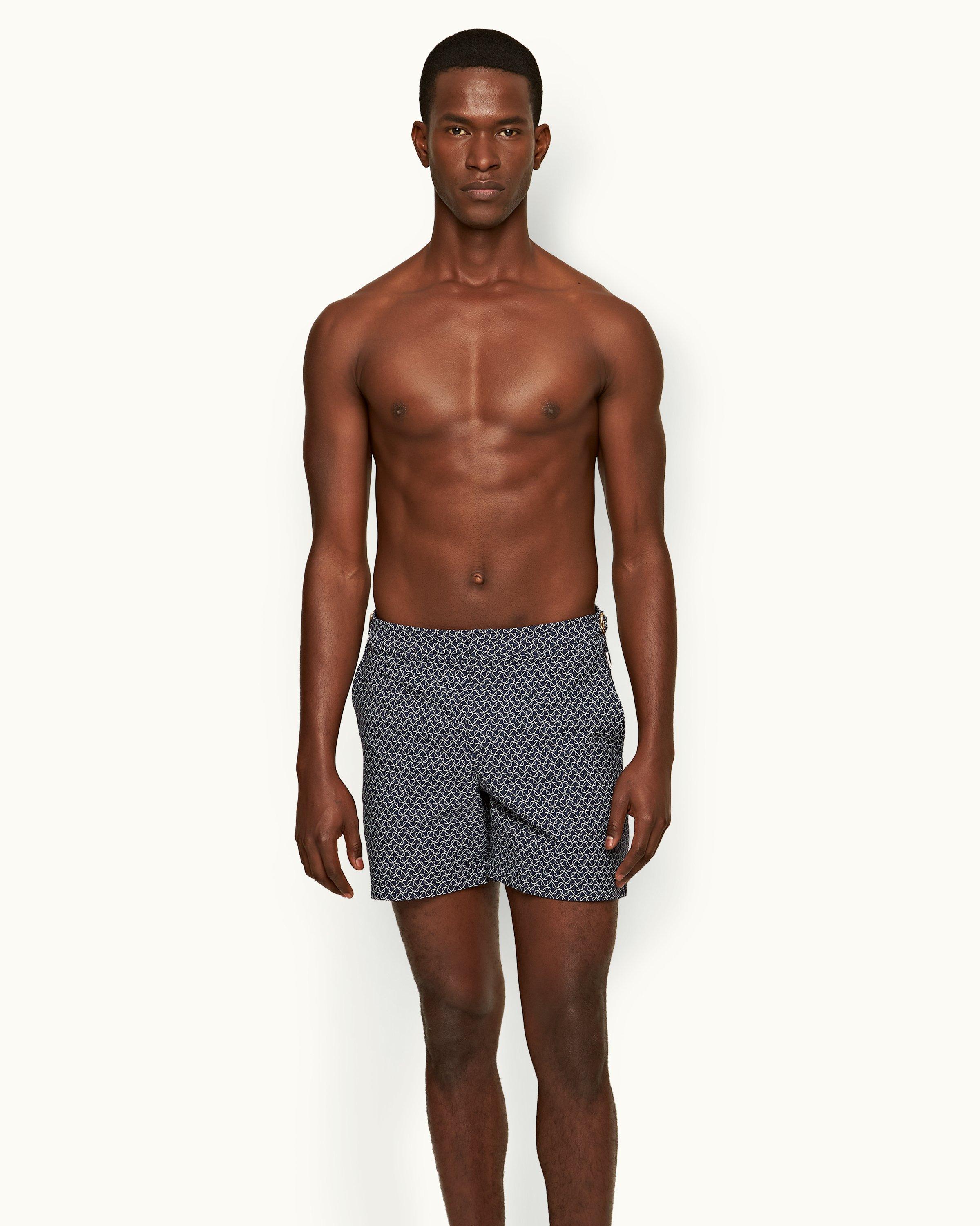 Orlebar Brown  Navy/White O.B Monogram Mid-Length Swim Shorts