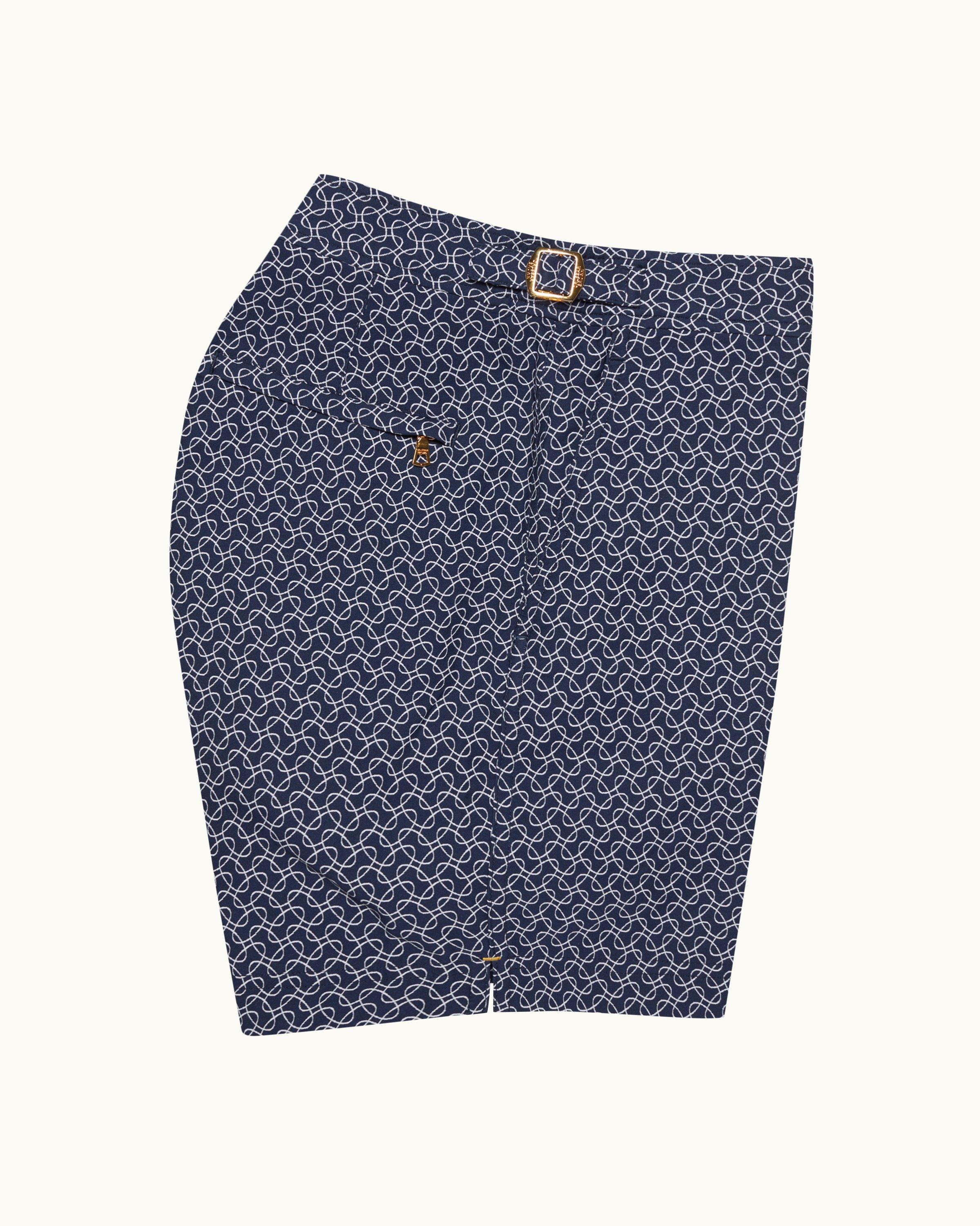 Orlebar Brown Bulldog - White Sand/Night Iris Geometric Orb Jacquard Mid-Length Swim Shorts