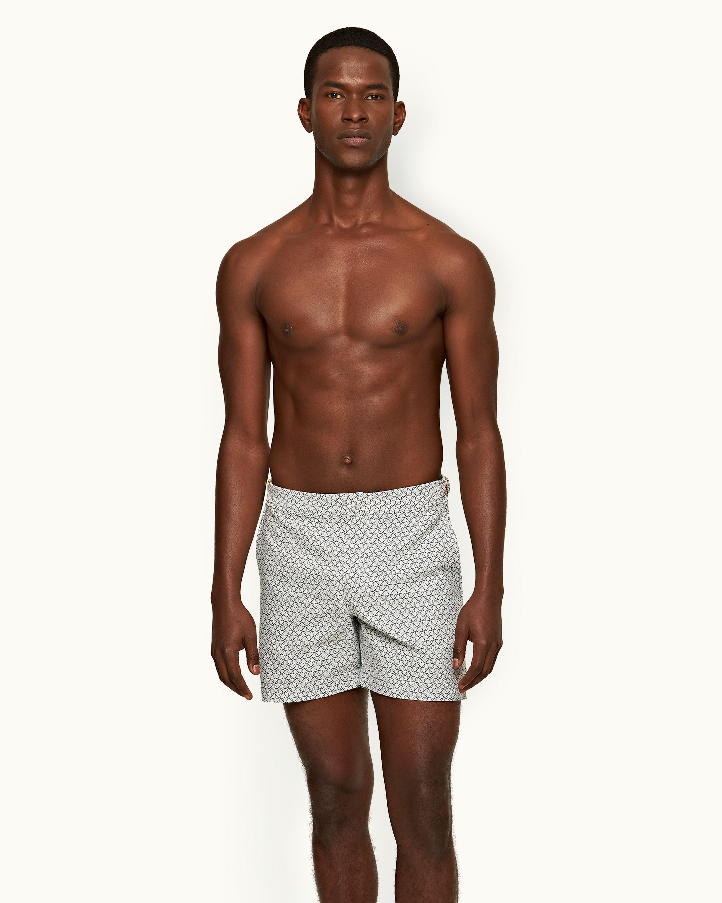 Orlebar Brown Bulldog - White Sand/Night Iris Geometric Orb Jacquard Mid-Length Swim Shorts