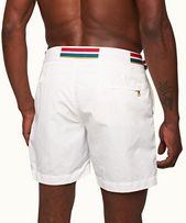 Bulldog - Mens White O.B Stripe Belt Mid-Length Swim Shorts