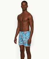 Bulldog - Mens Bright Wish Blue Palm Border Mid-Length Swim Shorts