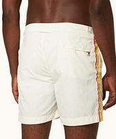 Bulldog - Mens White Sand Palm Stripe Tape Mid-Length Swim Shorts