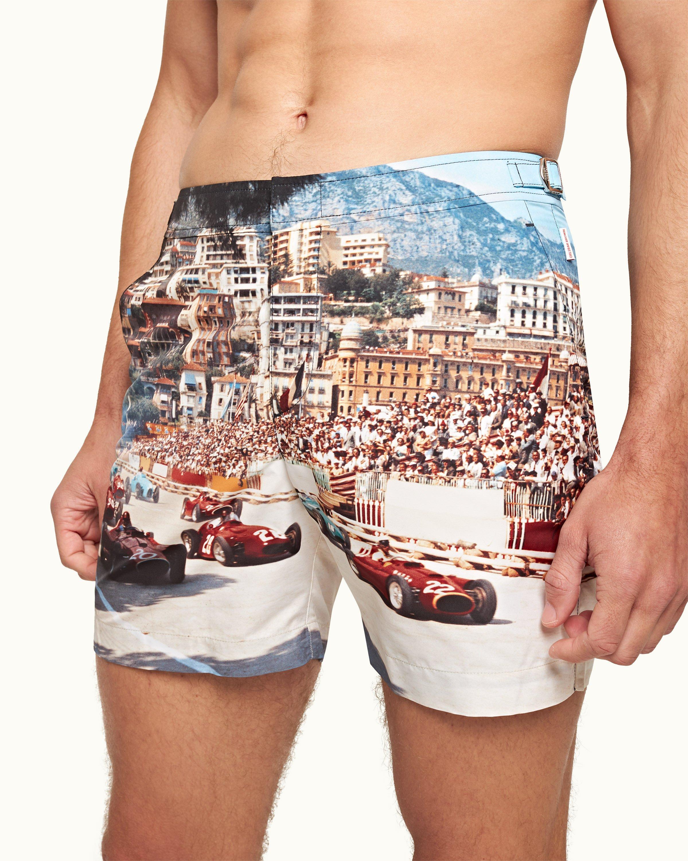 Orlebar Brown Bulldog - White Sand/Night Iris Geometric Orb Jacquard Mid-Length Swim Shorts