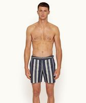 Bulldog - Mens Navy/Limestone Rochelle Stripe Mid-Length Swim Shorts