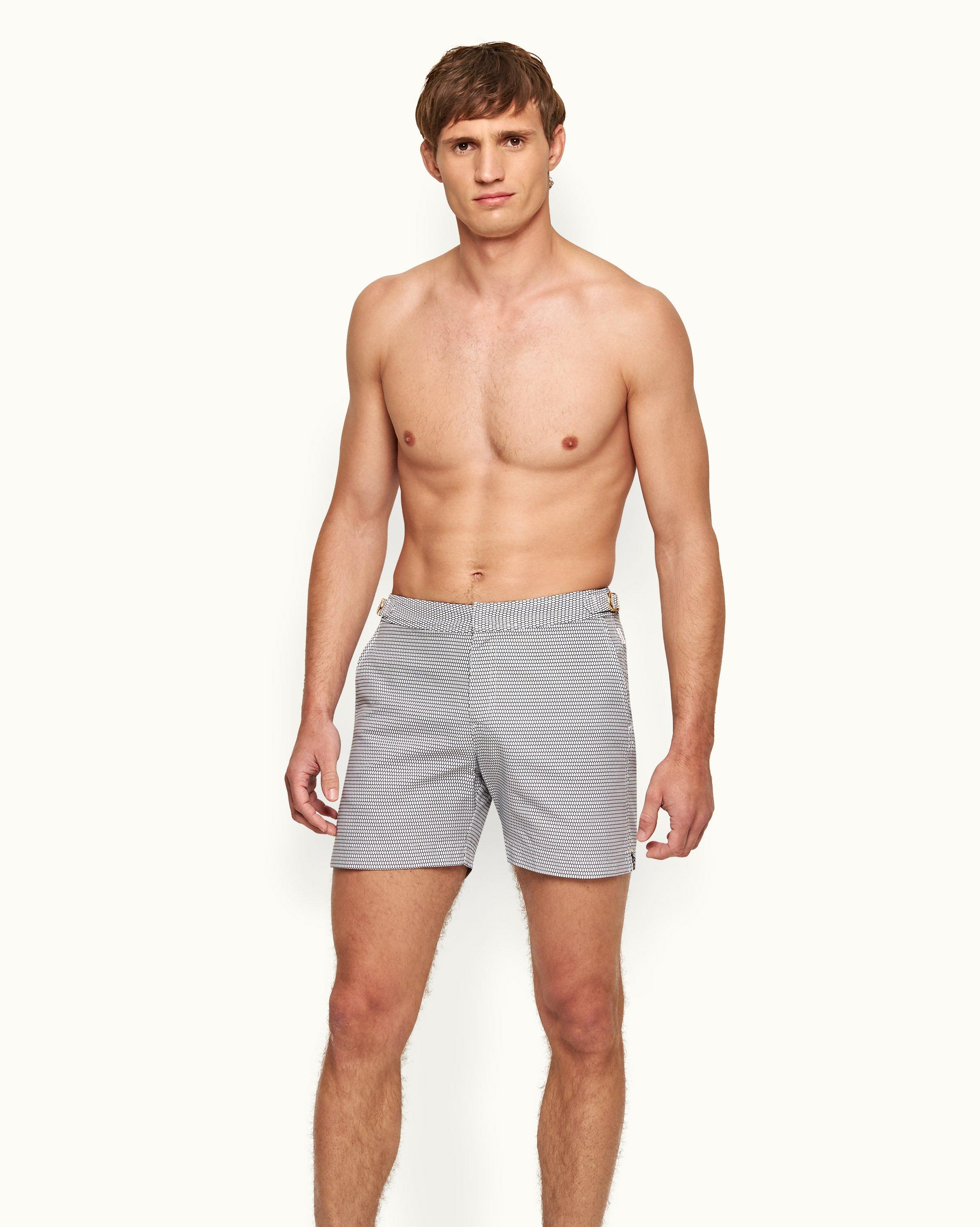 Orlebar Brown Bulldog - White Sand/Night Iris Geometric Orb Jacquard Mid-Length Swim Shorts