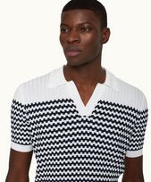 Canet - Mens Cloud/Ink Textured Stripe Organic Cotton Polo Shirt