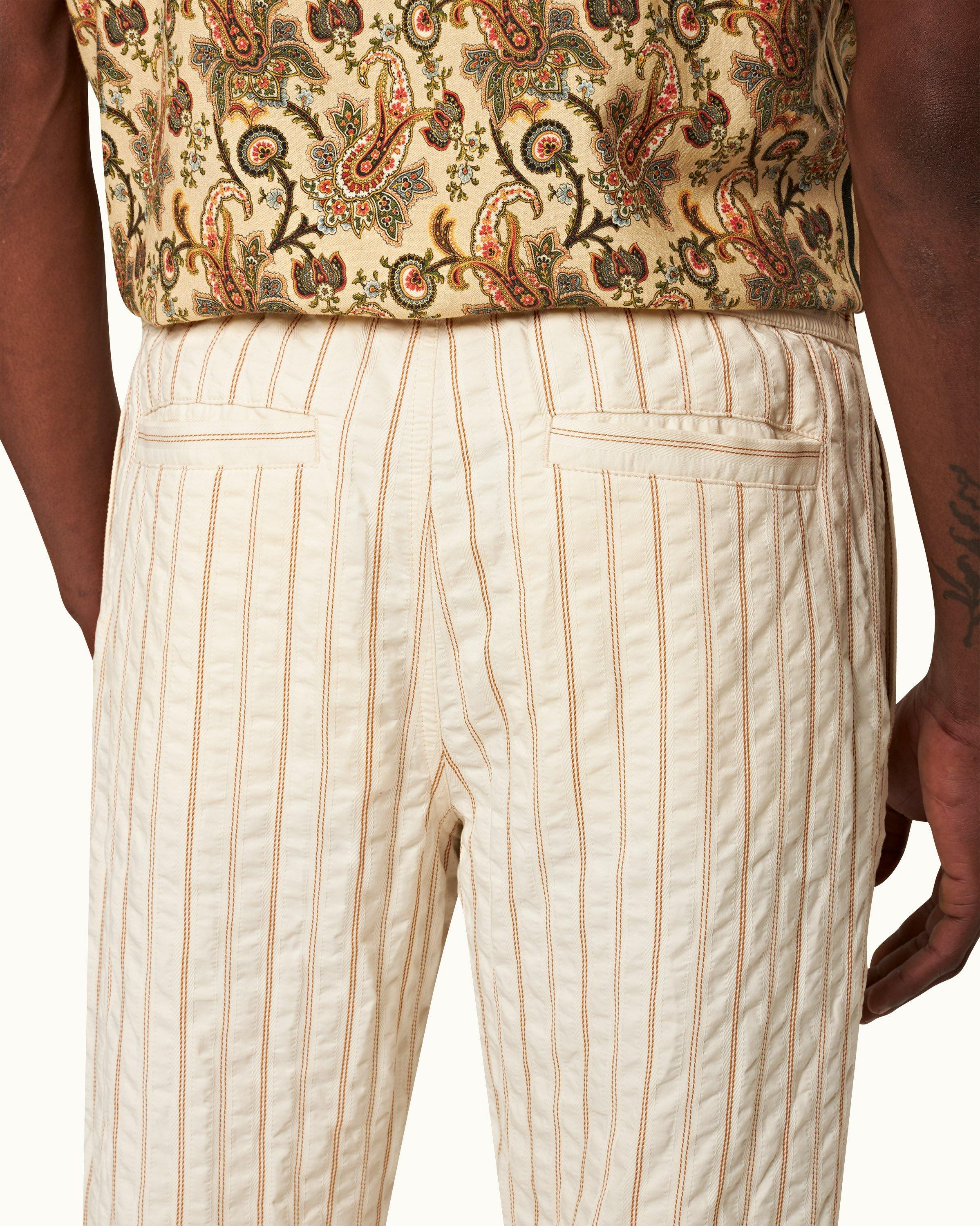 White Sand Relaxed Fit Textured Stripe Cotton Trousers