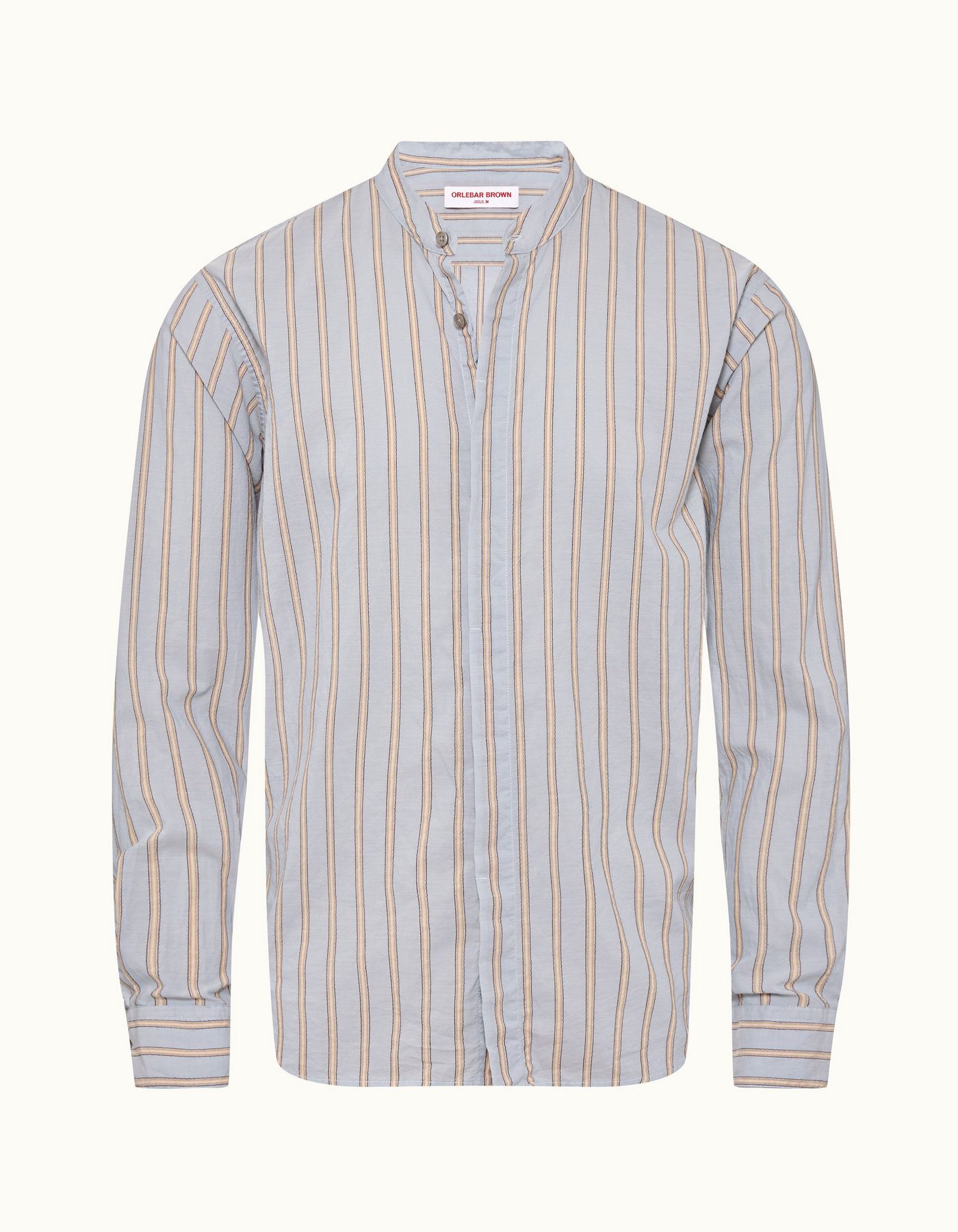 Dekker Stripe - Mens Island Sky/White Grandad Collar Stripe Cotton Shirt