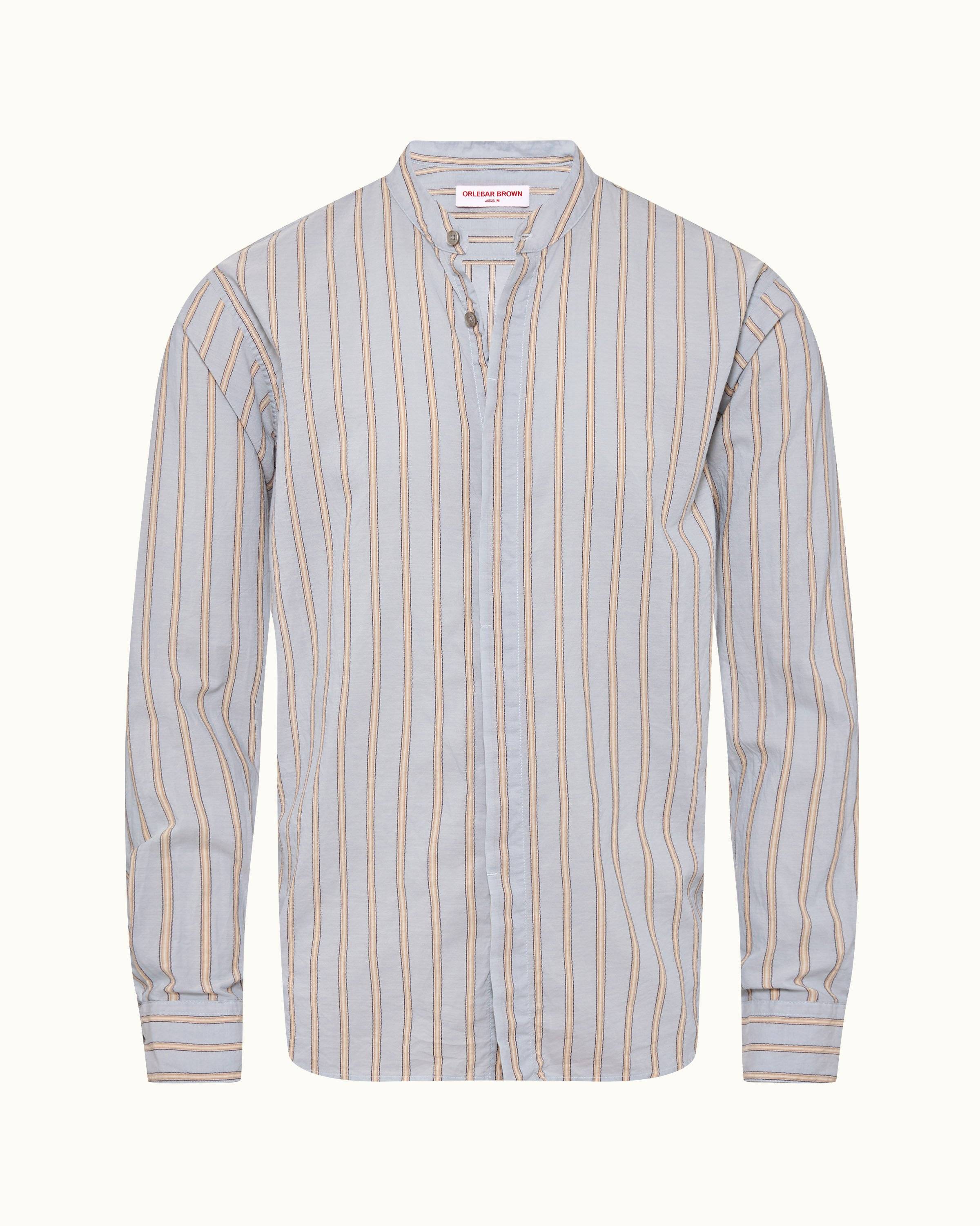 Island Sky/White Grandad Collar Stripe Cotton Shirt