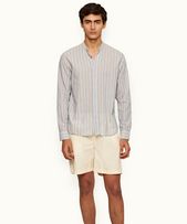 Dekker Stripe - Mens Island Sky/White Grandad Collar Stripe Cotton Shirt