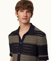 Fabien - Mens Midnight Navy/Grey Stripe Crochet Knit Shirt