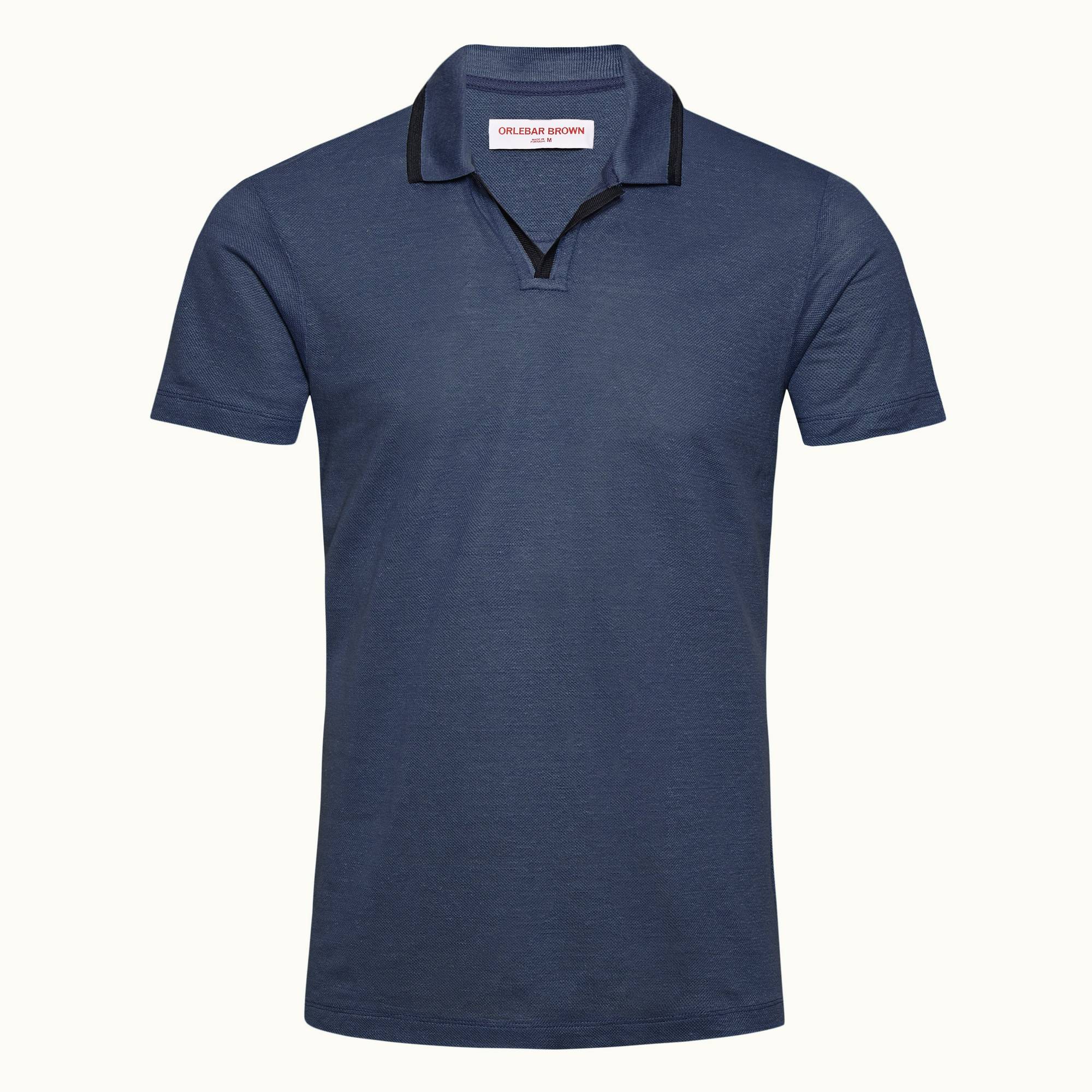 Felix Linen - Mens Classic Blue Contrast Resort Collar Linen Polo Shirt