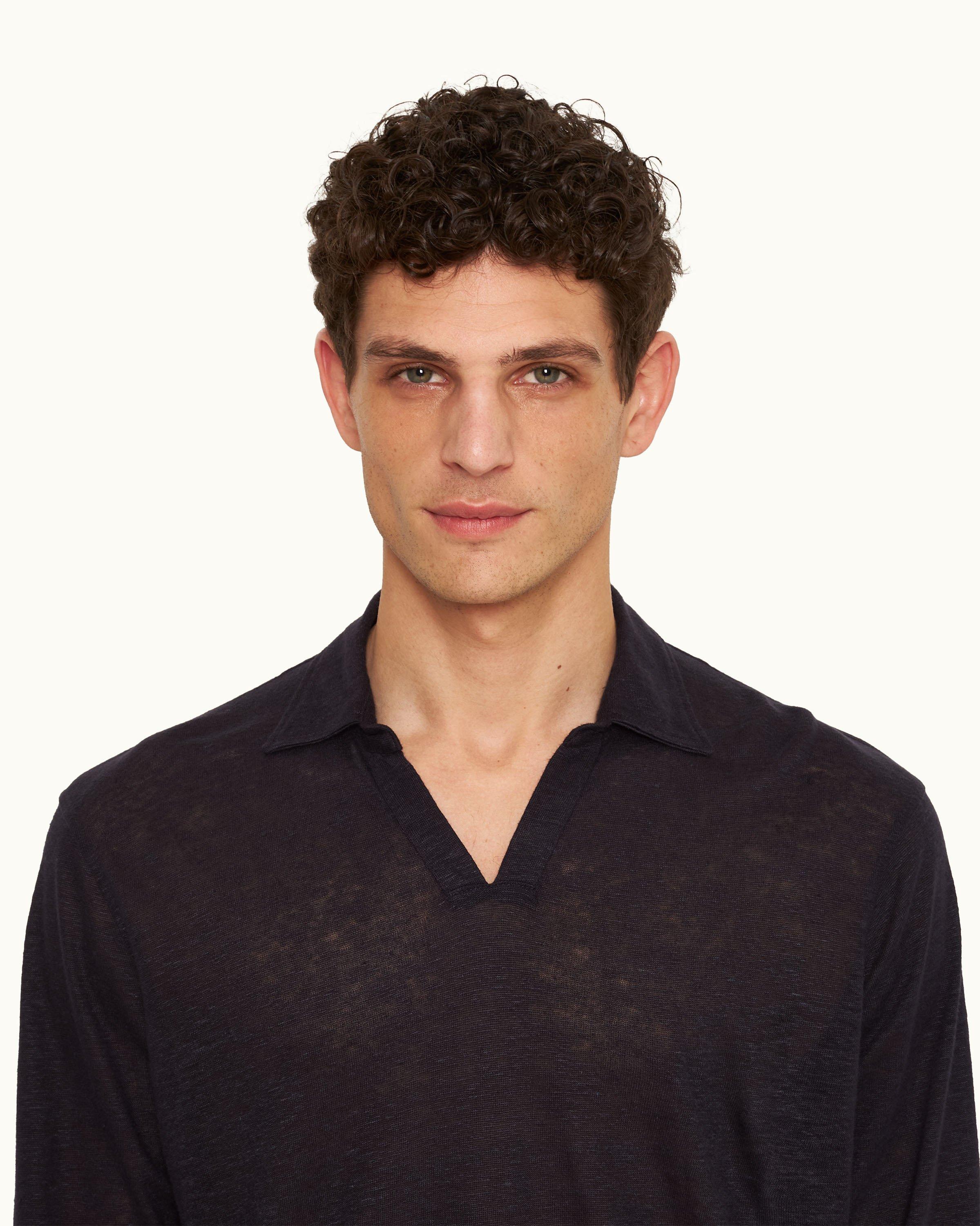 open-neck linen polo shirt Schwarz - ArvindShops - Baru Jacquard