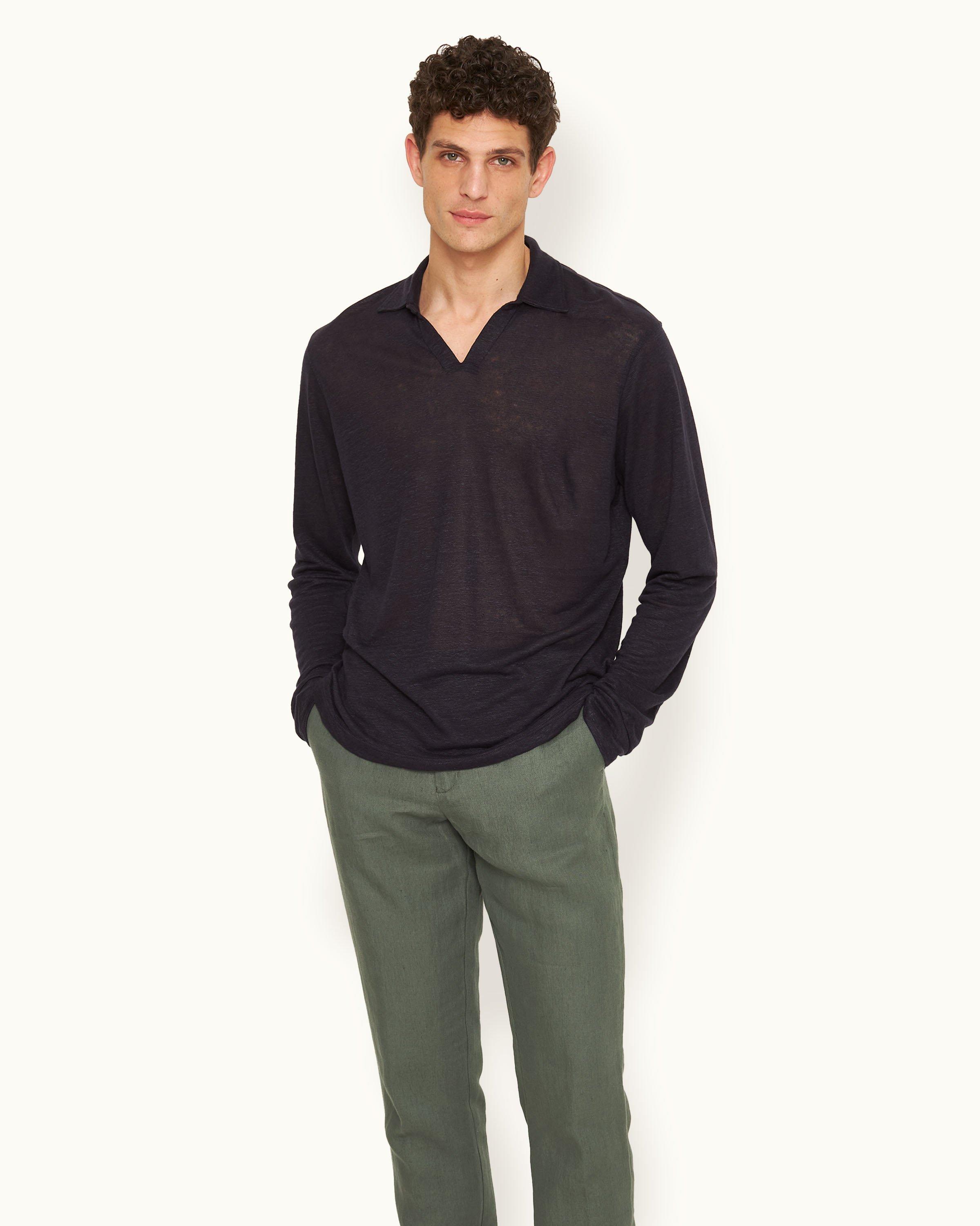 open-neck linen polo shirt Schwarz - ArvindShops - Baru Jacquard