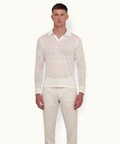 Felix Linen - Mens White Sand Resort Collar Long-Sleeve Polo Shirt