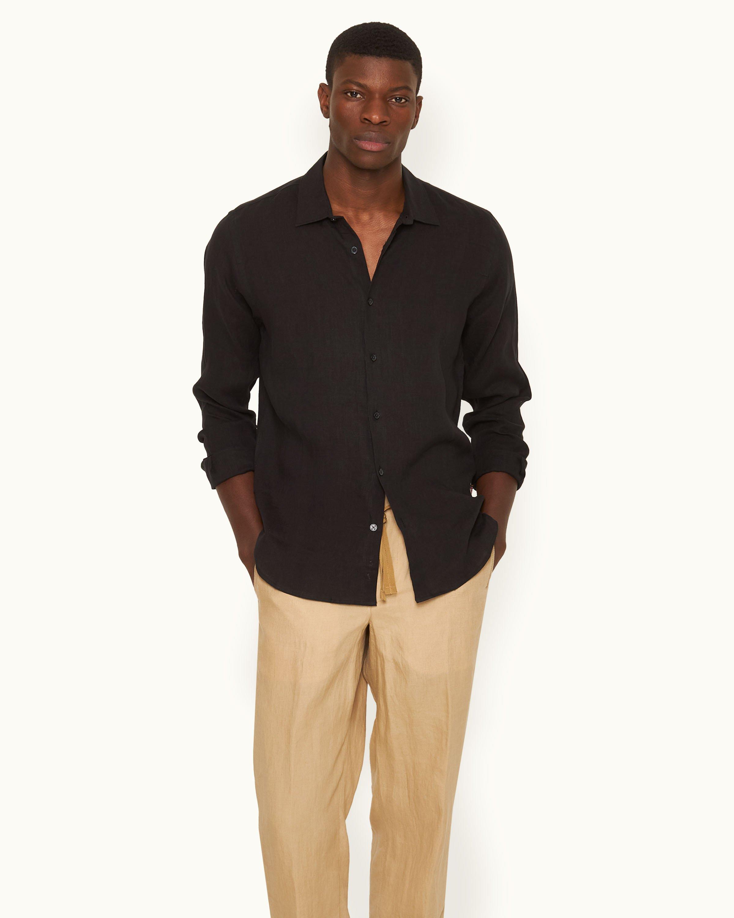 Mens black 2025 shirt brown buttons