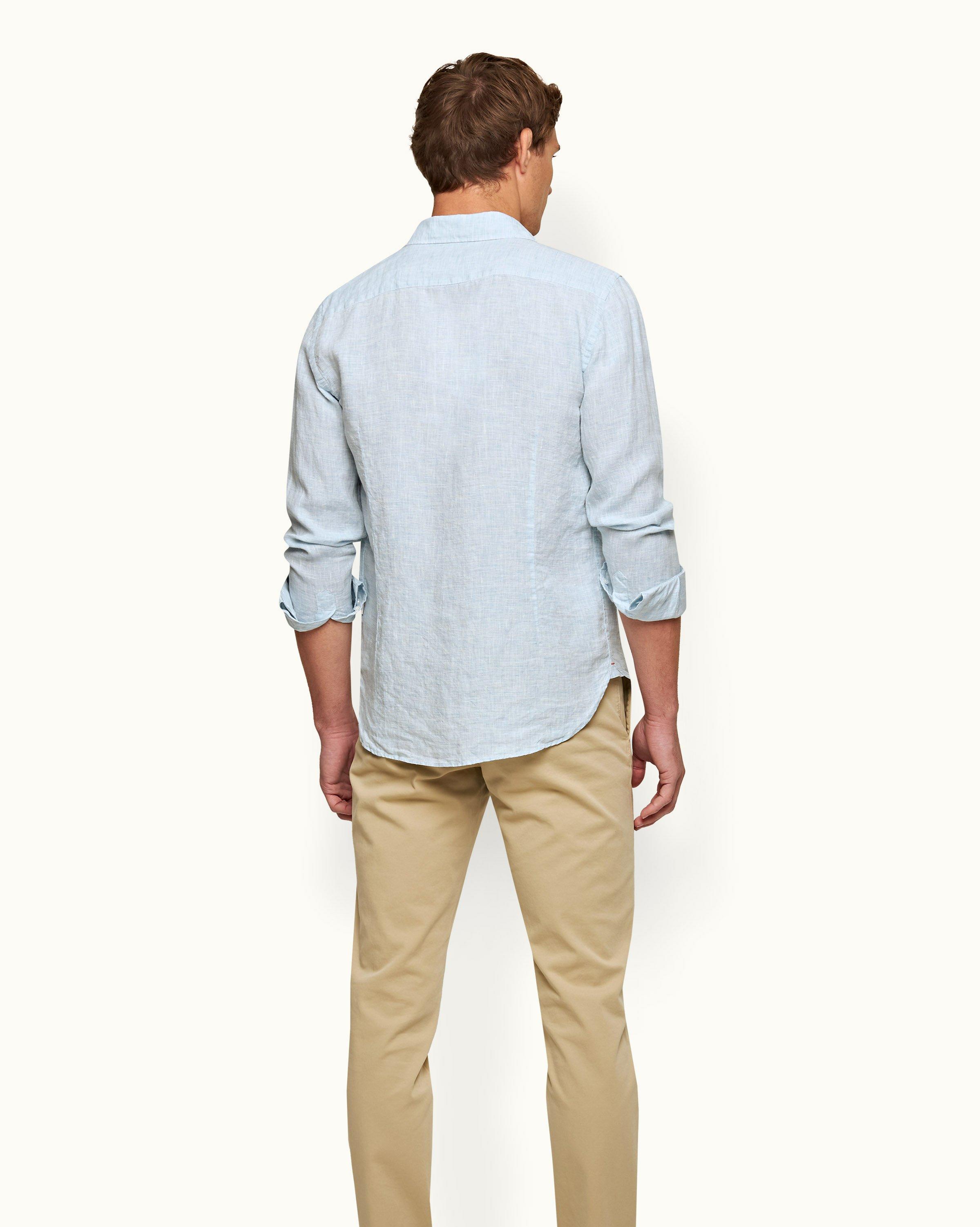 Giles Linen - Pale Blue/White Classic Collar Tailored Fit Linen